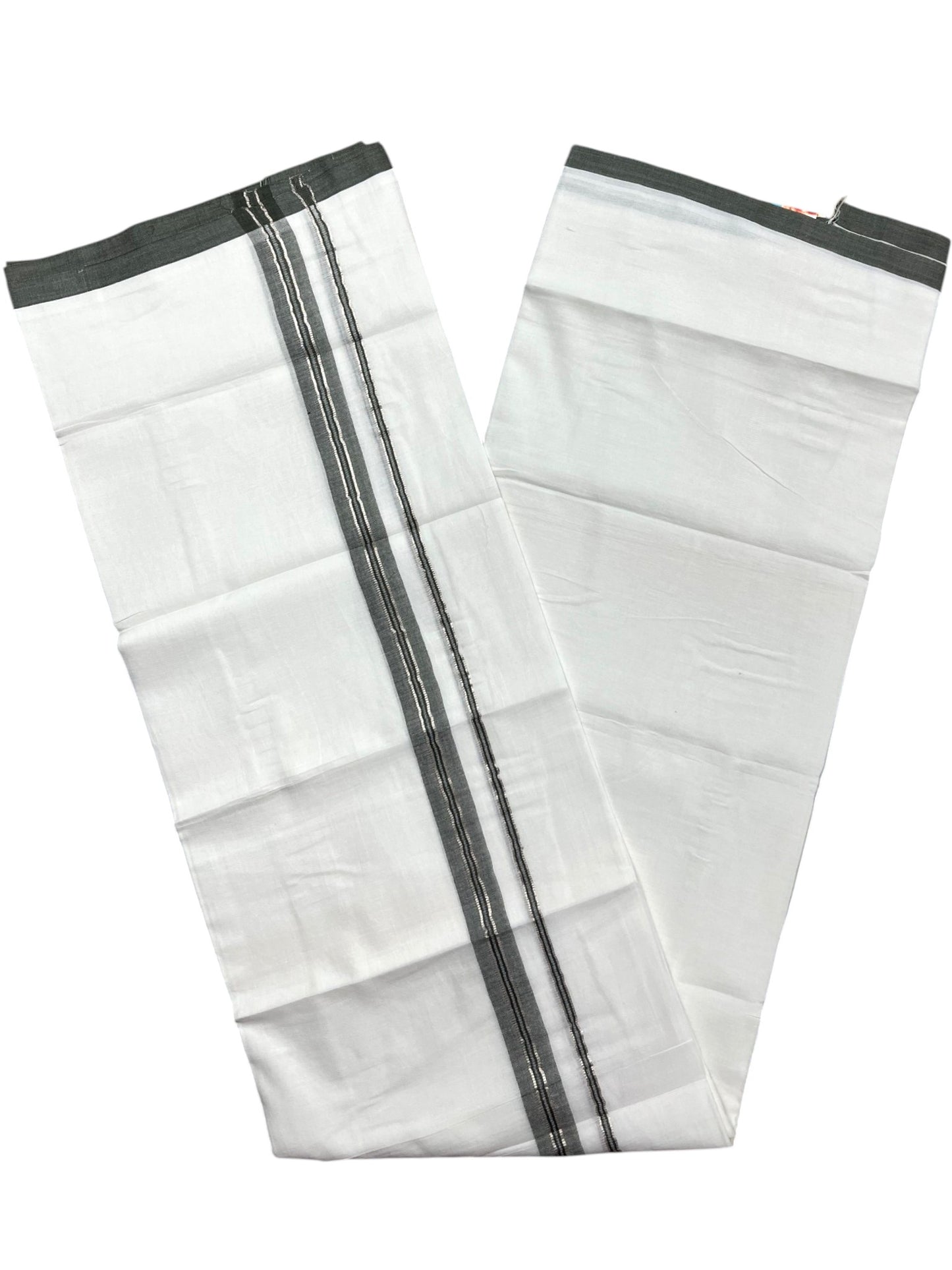 Southloom Pure White Cotton Mundu with Olive Green & Silver Line Border (South Indian Kerala Dhoti)