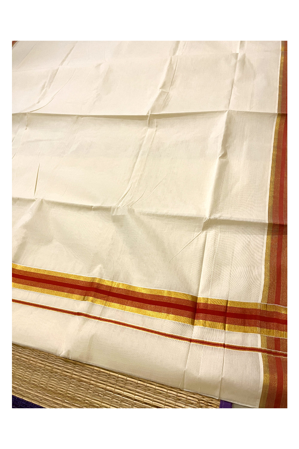 Pure Cotton Kerala Saree with Kasavu and Orange 2 inch Border