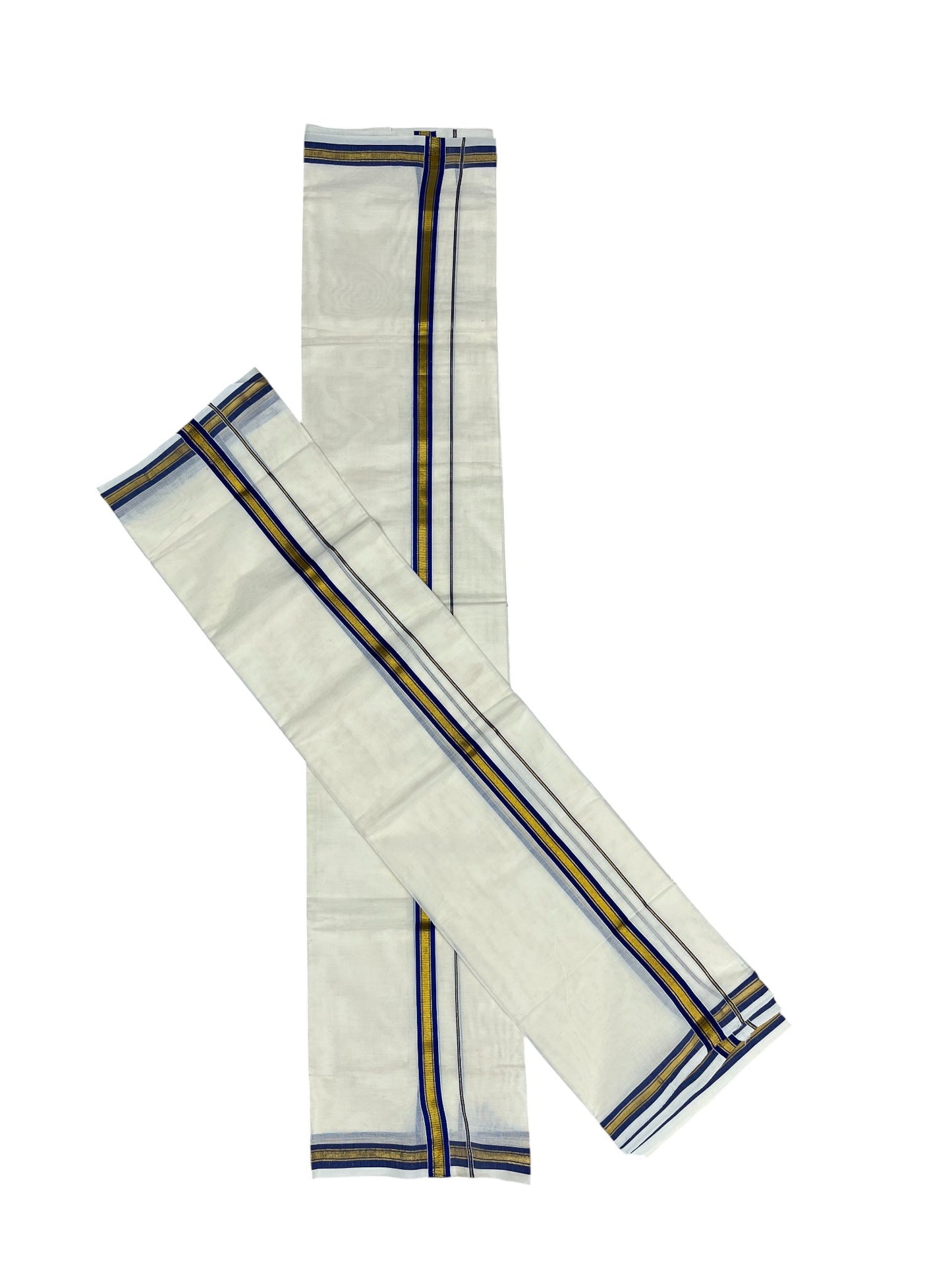 Pure Cotton Kerala Single Set Mundu (Mundum Neriyathum) with Blue Kasavu Border in 2.80 Mtrs