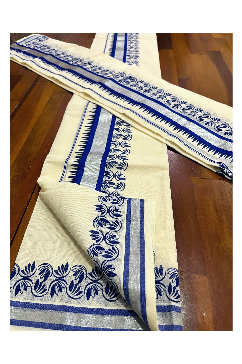 Kerala Pure Cotton Set Mundu Single (Mundum Neriyathum) with Blue Floral Temple Block Prints on Silver Kasavu Border