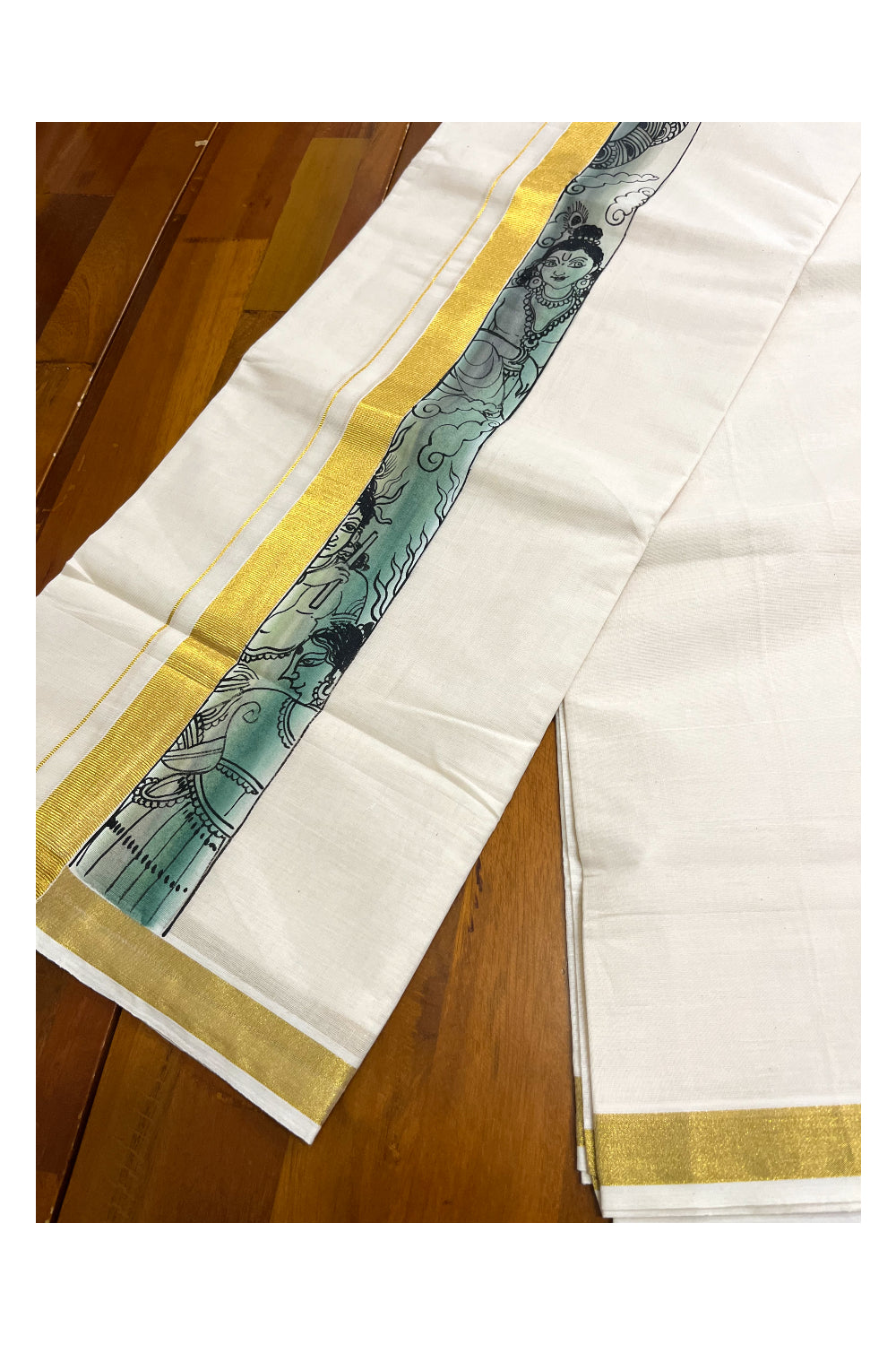 Kerala Pure Cotton Double Mundu with Mural Hand Painted Design on Kasavu Border (South Indian Kerala Dhoti)