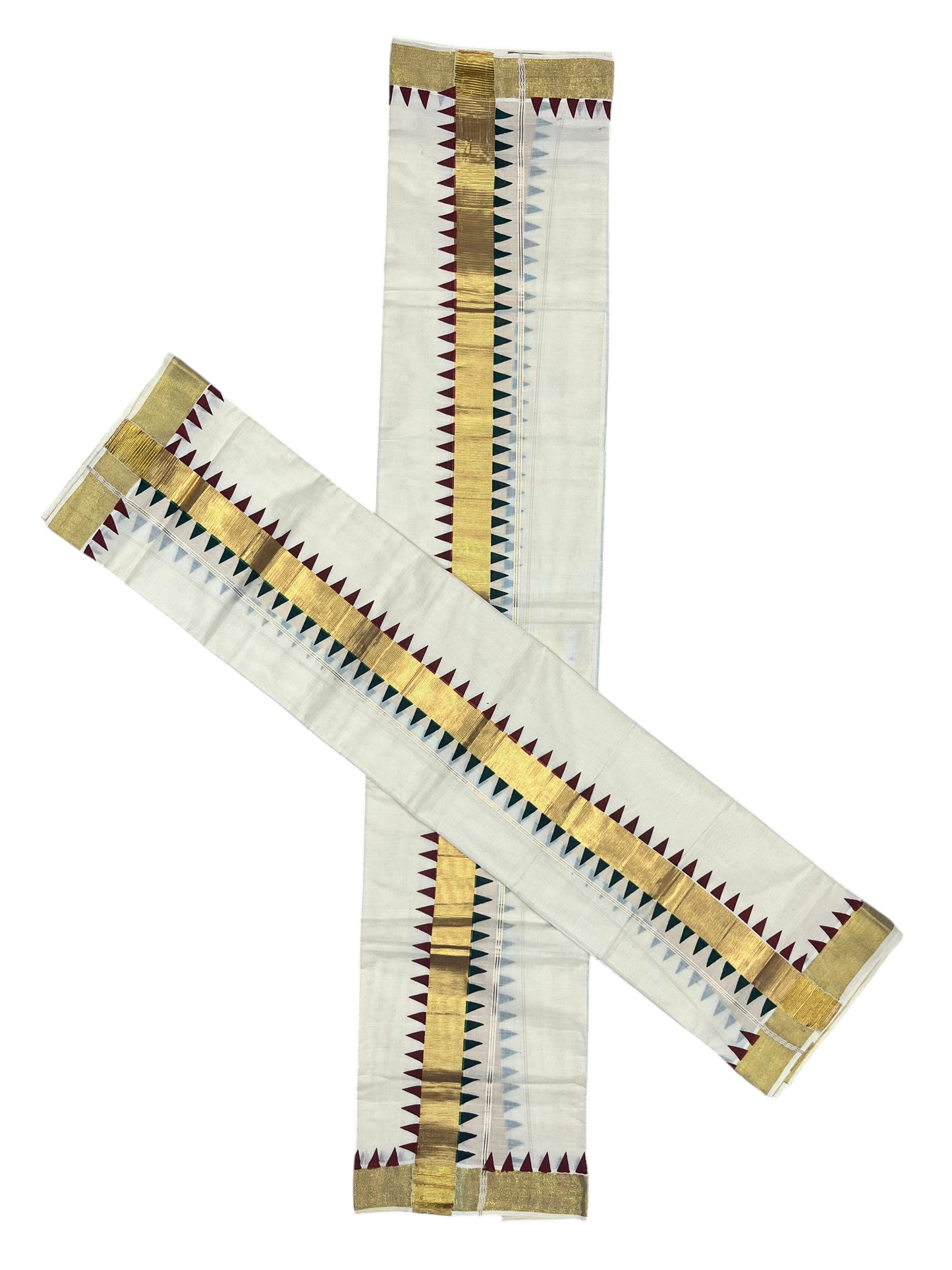 Southloom Kerala Cotton Kasavu Single Set Mundu (Mundum Neriyathum) with Green  And Maroon Temple Design Border SLKK