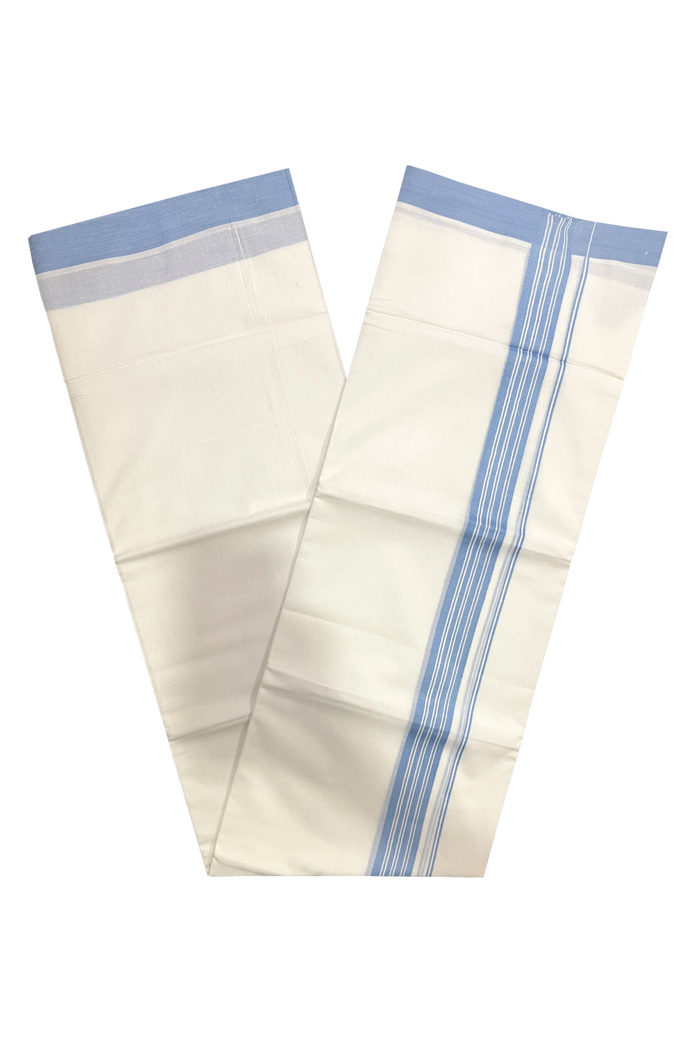 Pure White Cotton Double Mundu with Blue Lines Border (South Indian Kerala Dhoti)