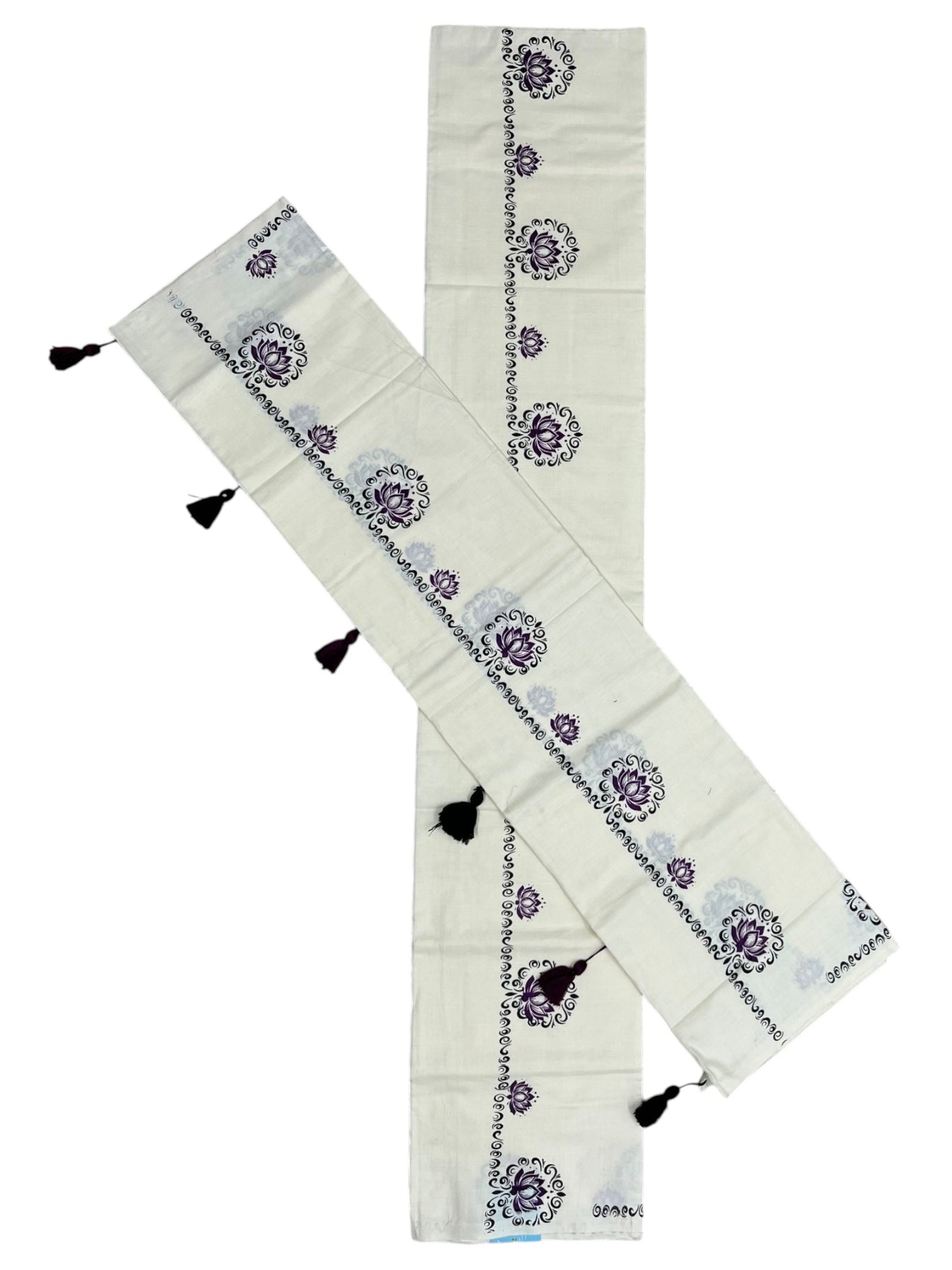 Southloom Kerala Cotton Single Set Mundu (Mundum Neriyathum) with Purple &Black Lotus Block Printed Design