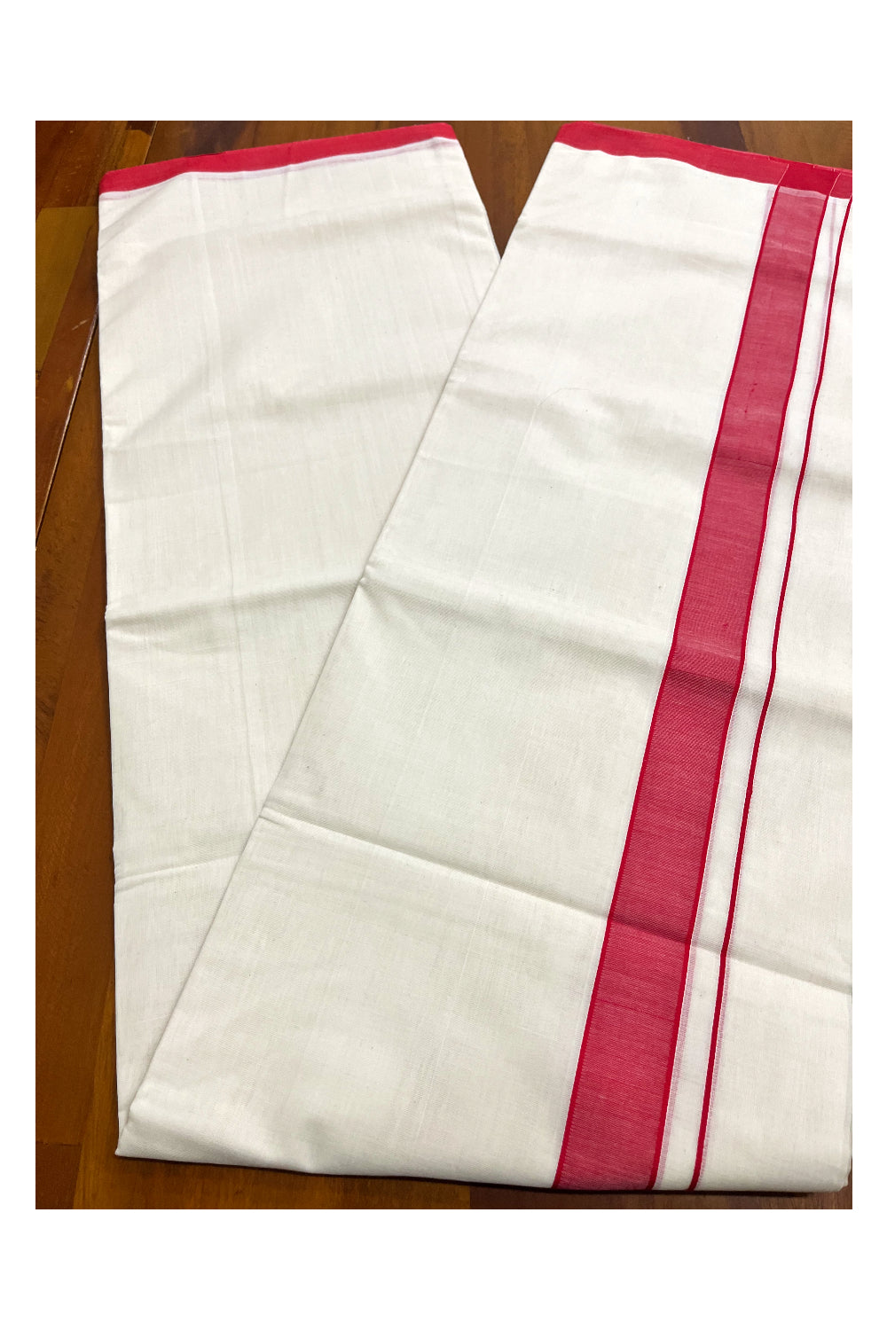 Premium Balaramapuram Handloom Unakkupaavu Cotton Double Mundu with Red Border (Vishu 2024 Collection)