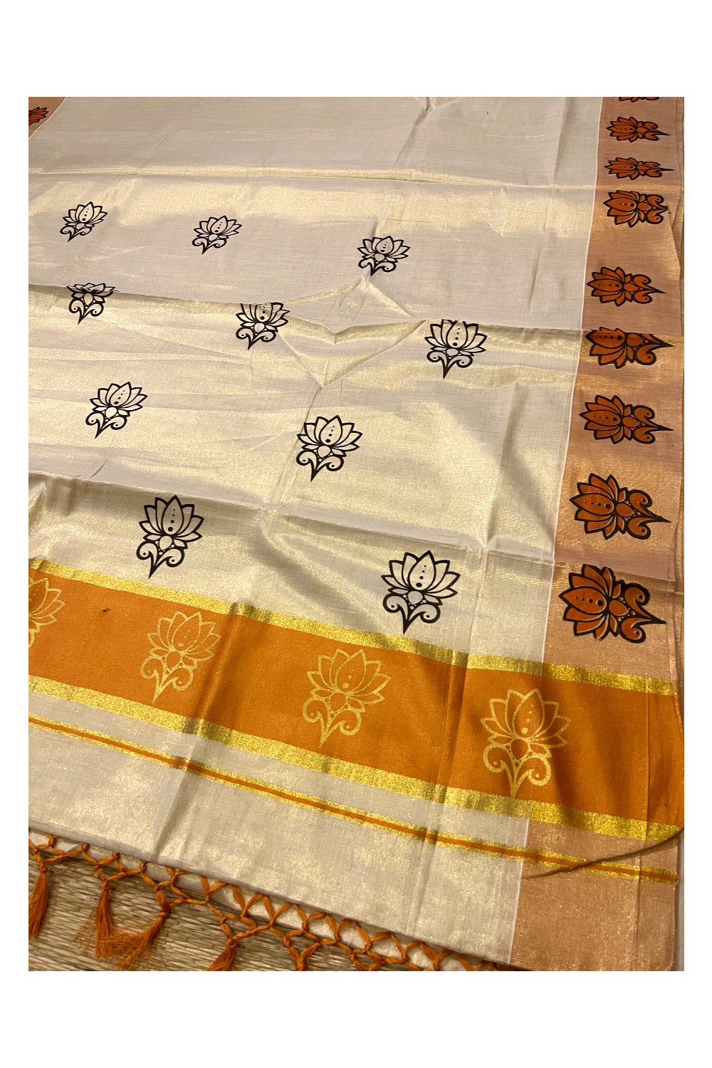 Kerala Tissue Kasavu Saree with Orange and Golden Block Prints and Orange Border