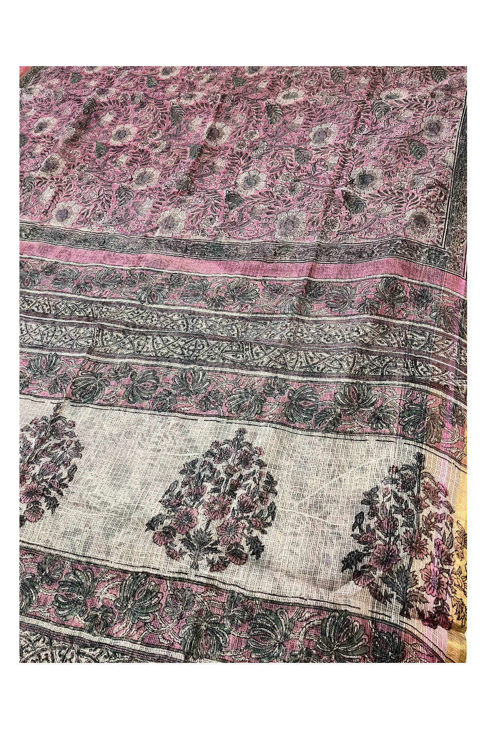 Southloom Kota Fabric Floral Printed Grey Pink Saree