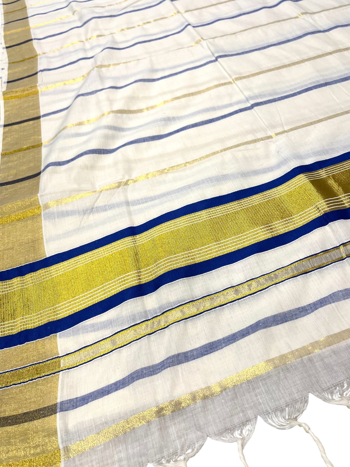 Southloom Kerala Cotton Kasavu Saree with Gold And Blue Lines on Body