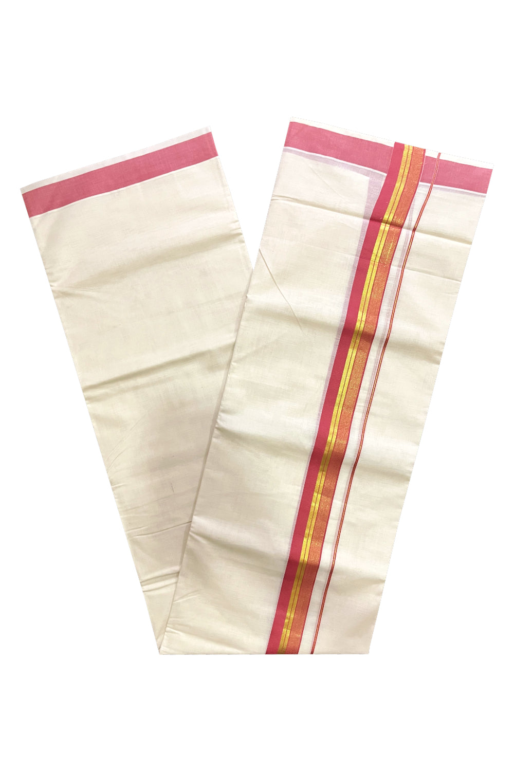 Pure Cotton Off White Kerala Double Mundu with Pink and Kasavu Border (South Indian Dhoti)