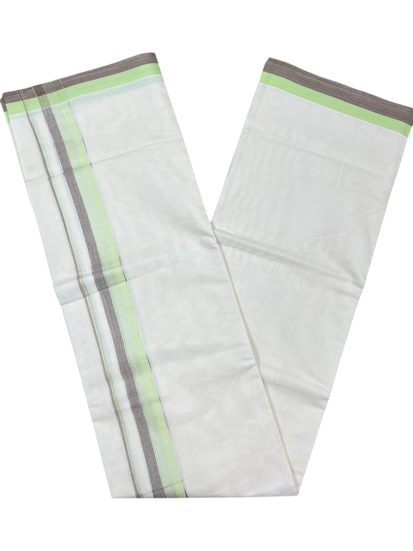 Southloom Kerala Pure Cotton Double Mundu with Silver Lines and Green and Grey Border with (South Indian Dhoti)