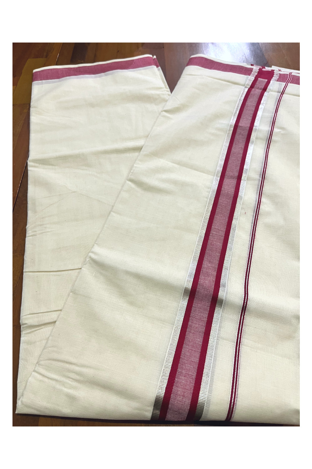 Kerala Cotton Off White Double Mundu with Silver Kasavu and Maroon Border (South Indian Kerala Dhoti)