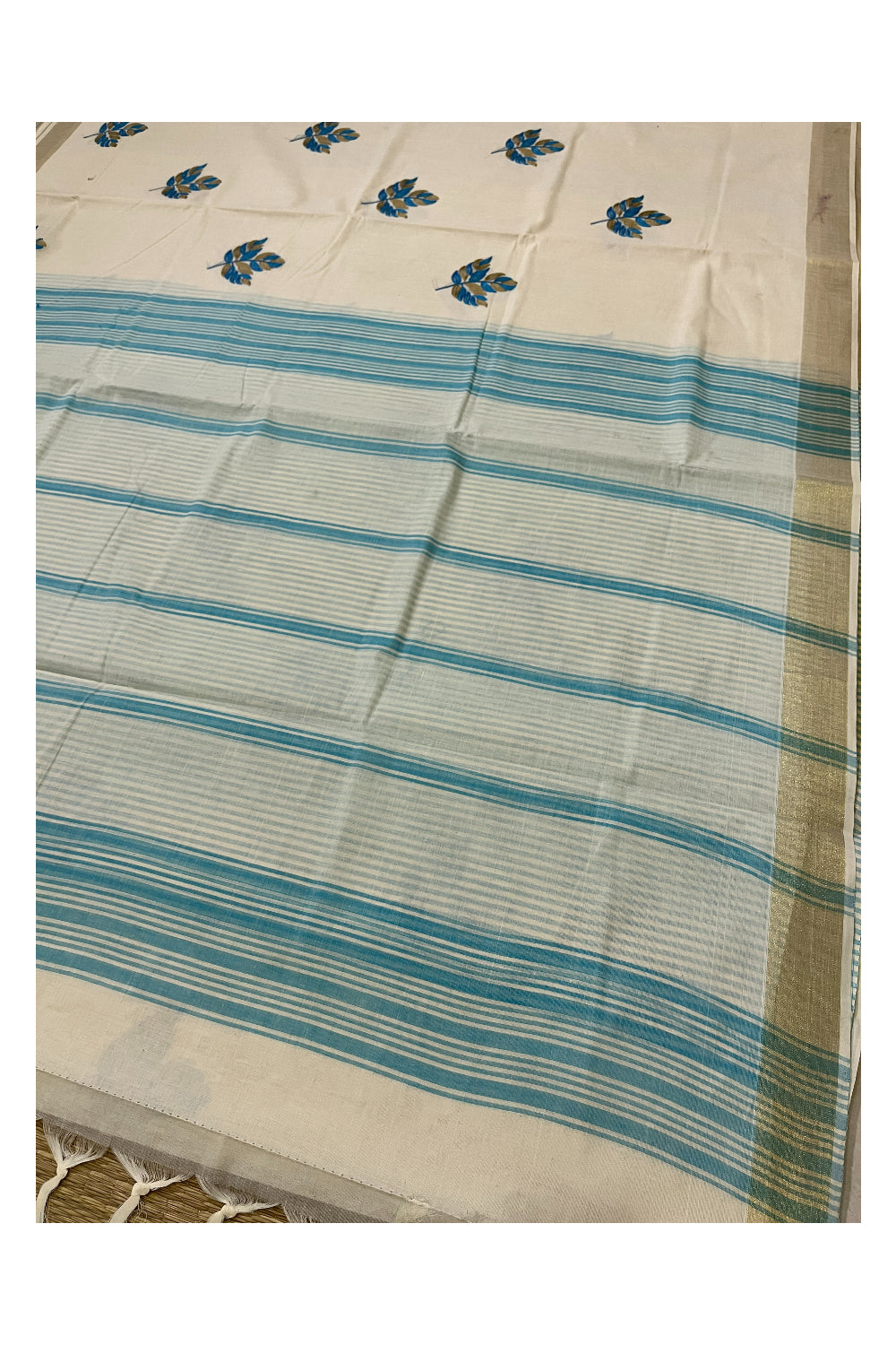 Pure Cotton Kerala Saree with Blue Leaf Embroidery Work and Kasavu Border