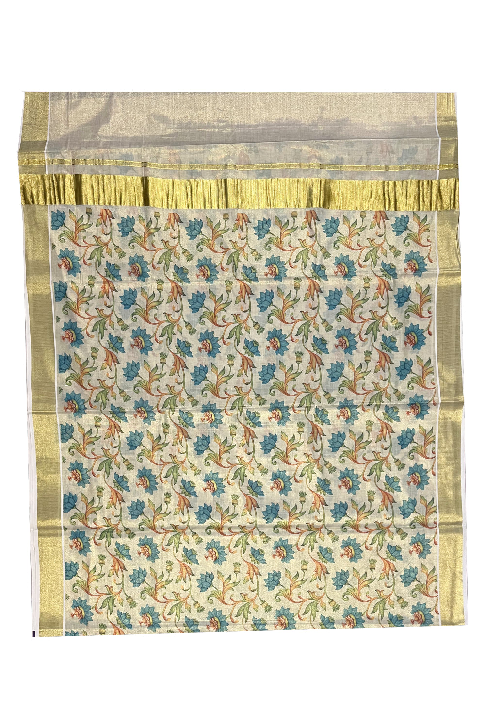 Kerala Tissue Kasavu Saree with Blue Floral Kalamkari Design