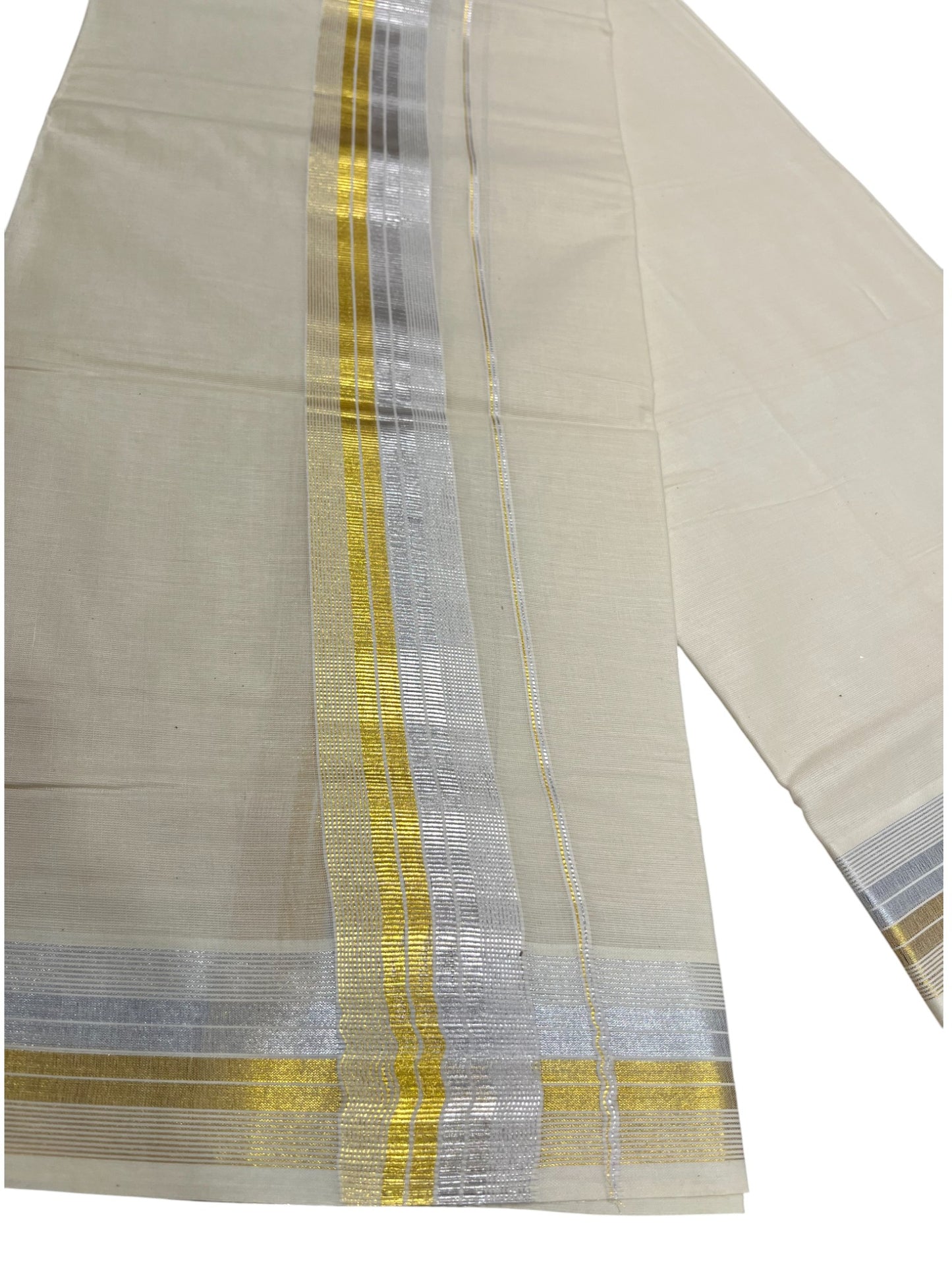 Southloom Kerala Pure Cotton Double Mundu with Silver & Gold Line Border (South Indian Dhoti)