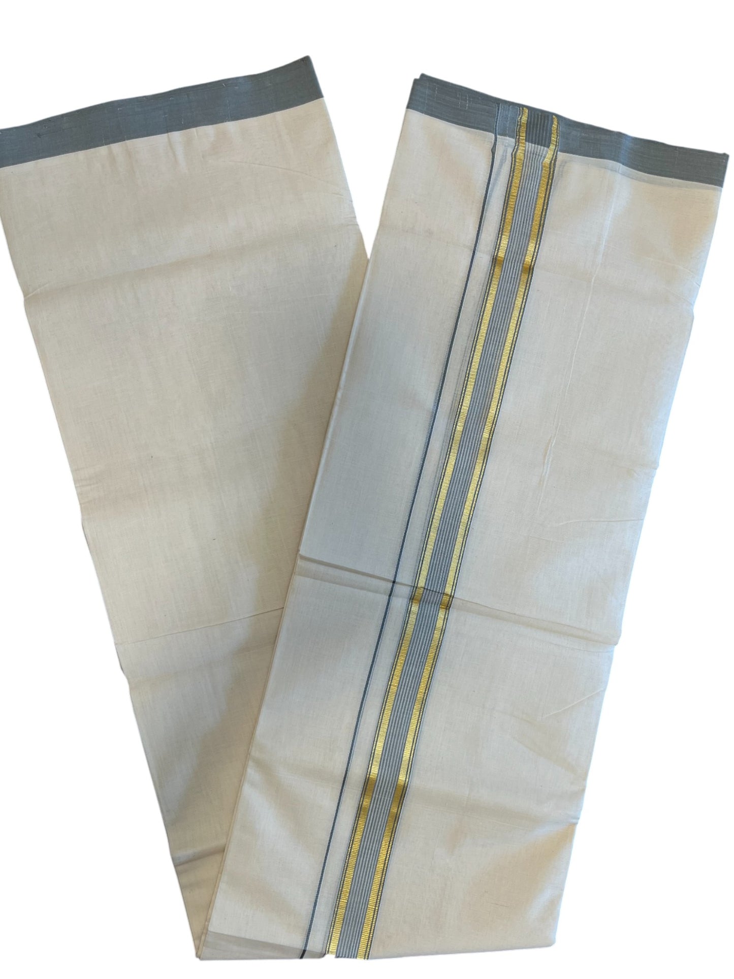Southloom Premium Handloom Cotton Double Mundu with Gold and Grey Border