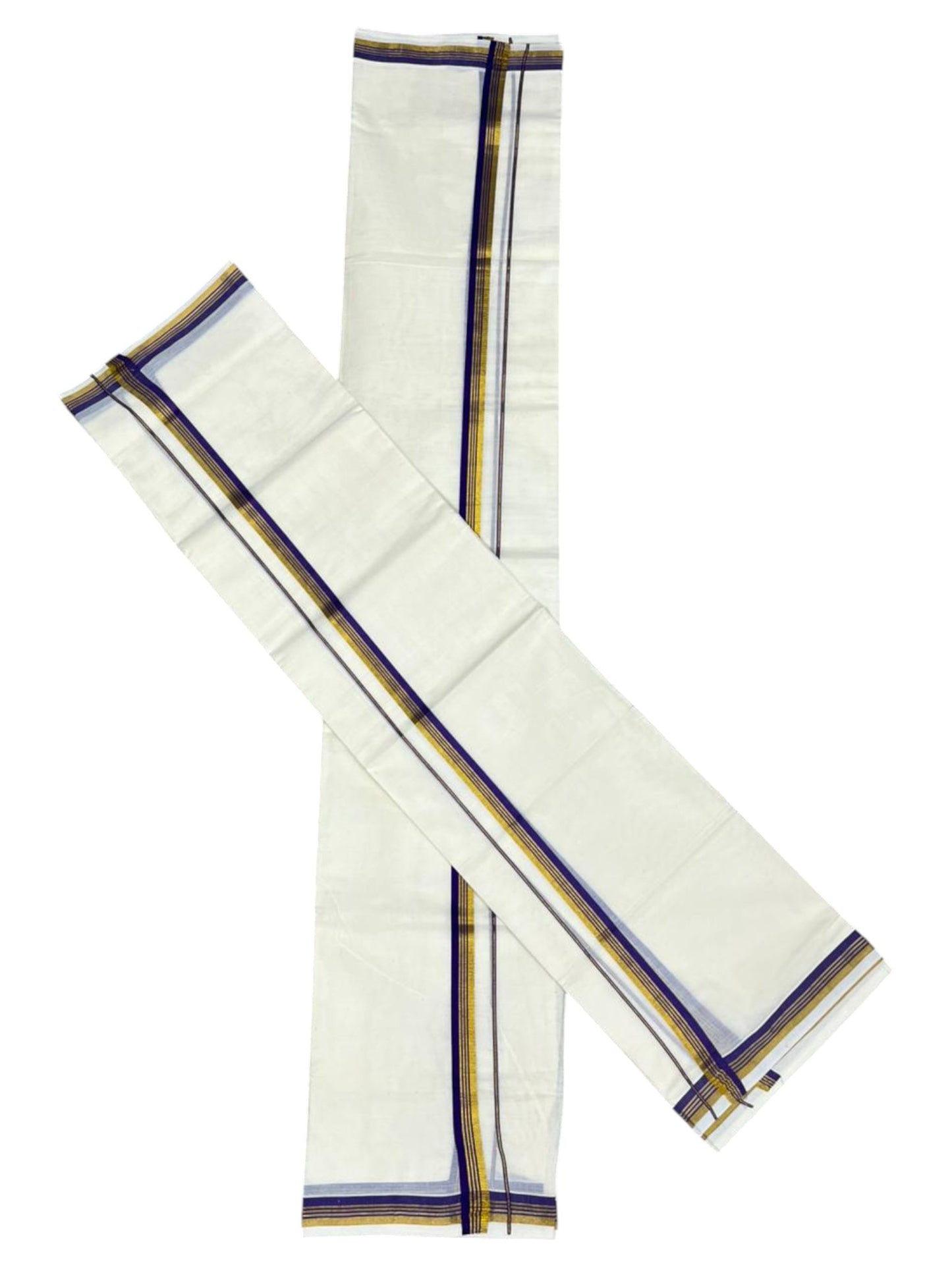 Pure Cotton Kerala Single Set Mundu (Mundum Neriyathum) with Violet Kasavu Border in 2.80 Mtrs