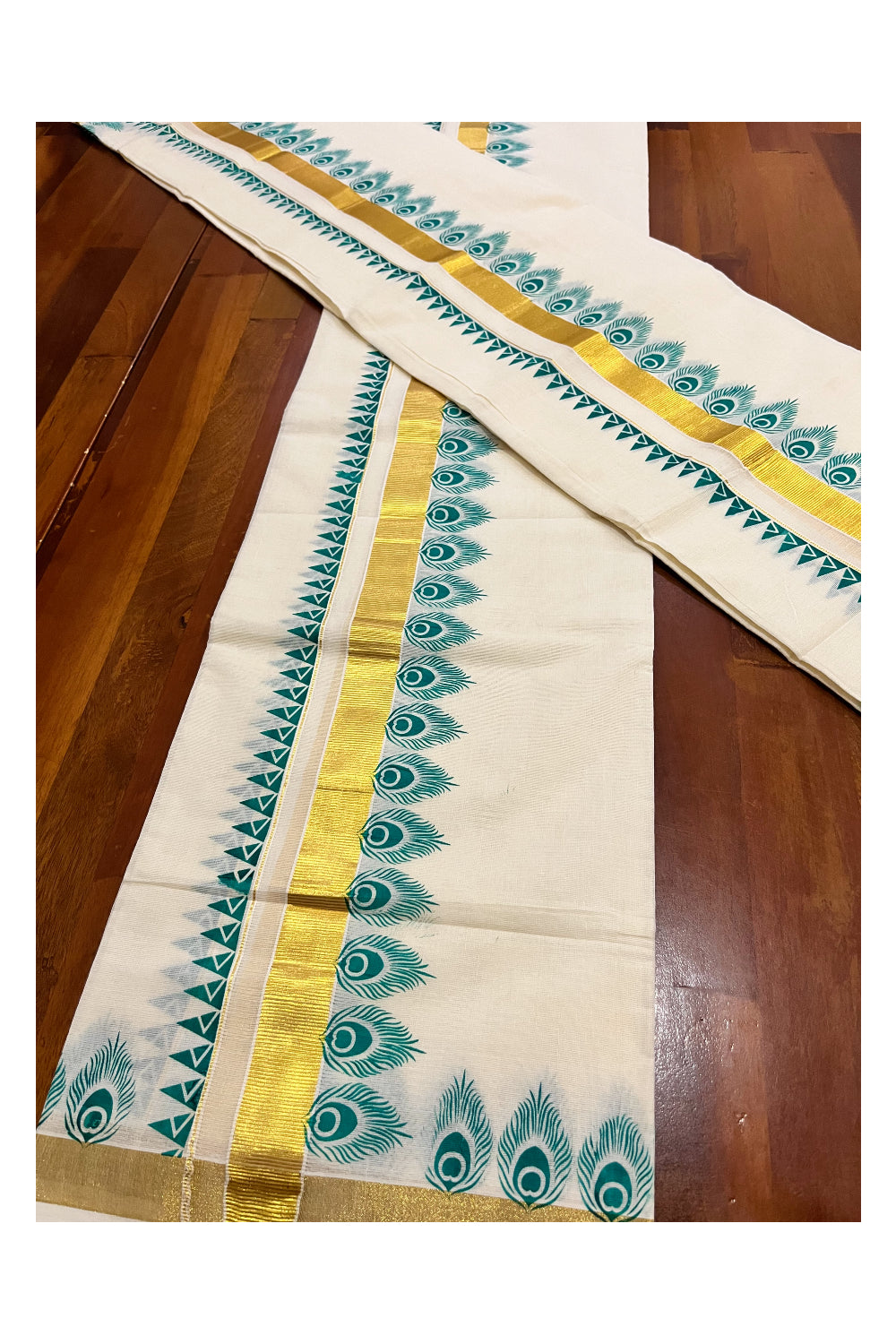 Kerala Pure Cotton Kasavu Set Mundu Single (Mundum Neriyathum) with Green Block Prints and Temple Border 2.80 Mtrs