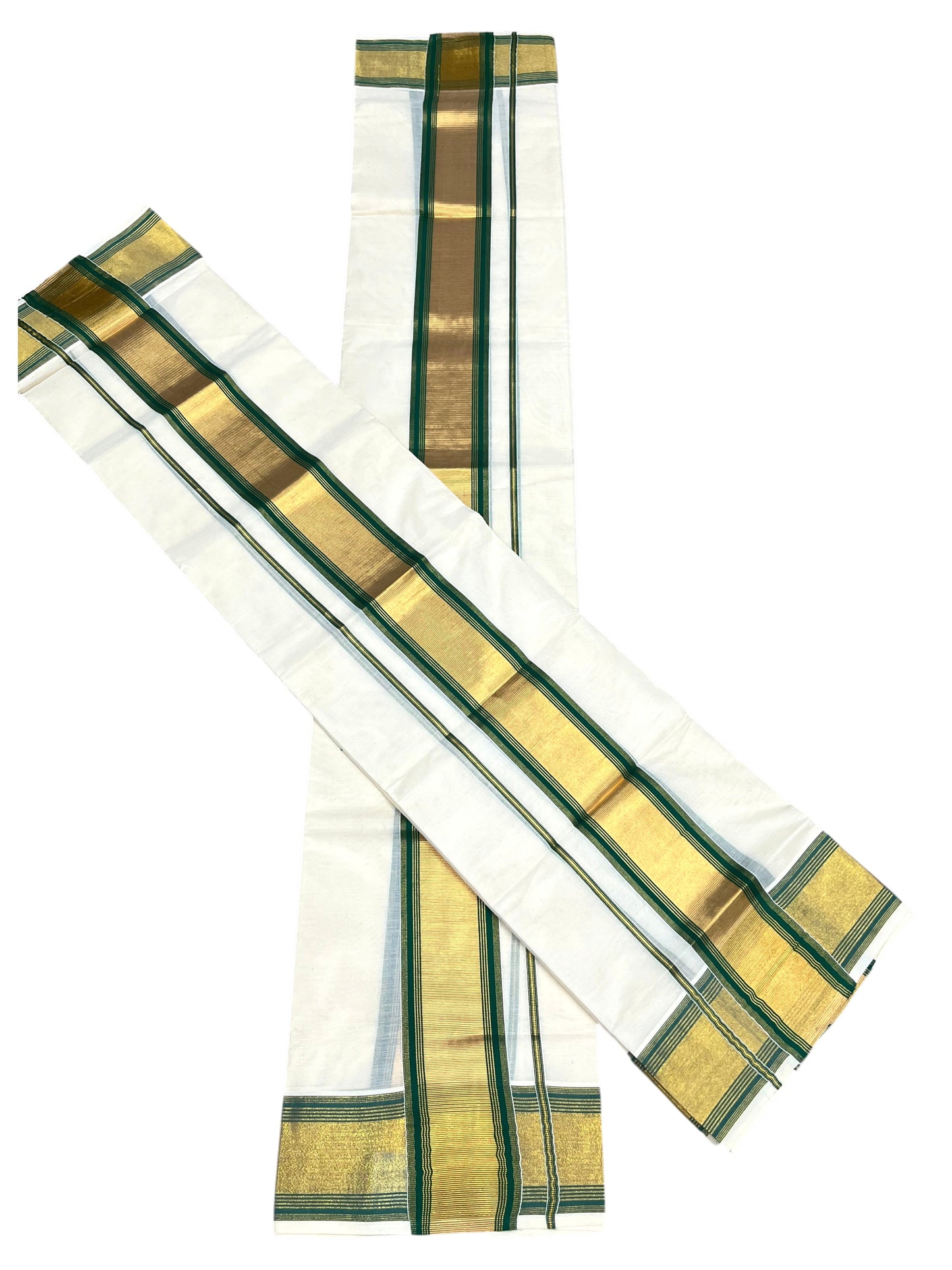 Southloom Pure Cotton Kerala  Set Mundu (Mundum Neriyathum) Single with Green and Kasavu Border 2.80 Mtrs SLKK