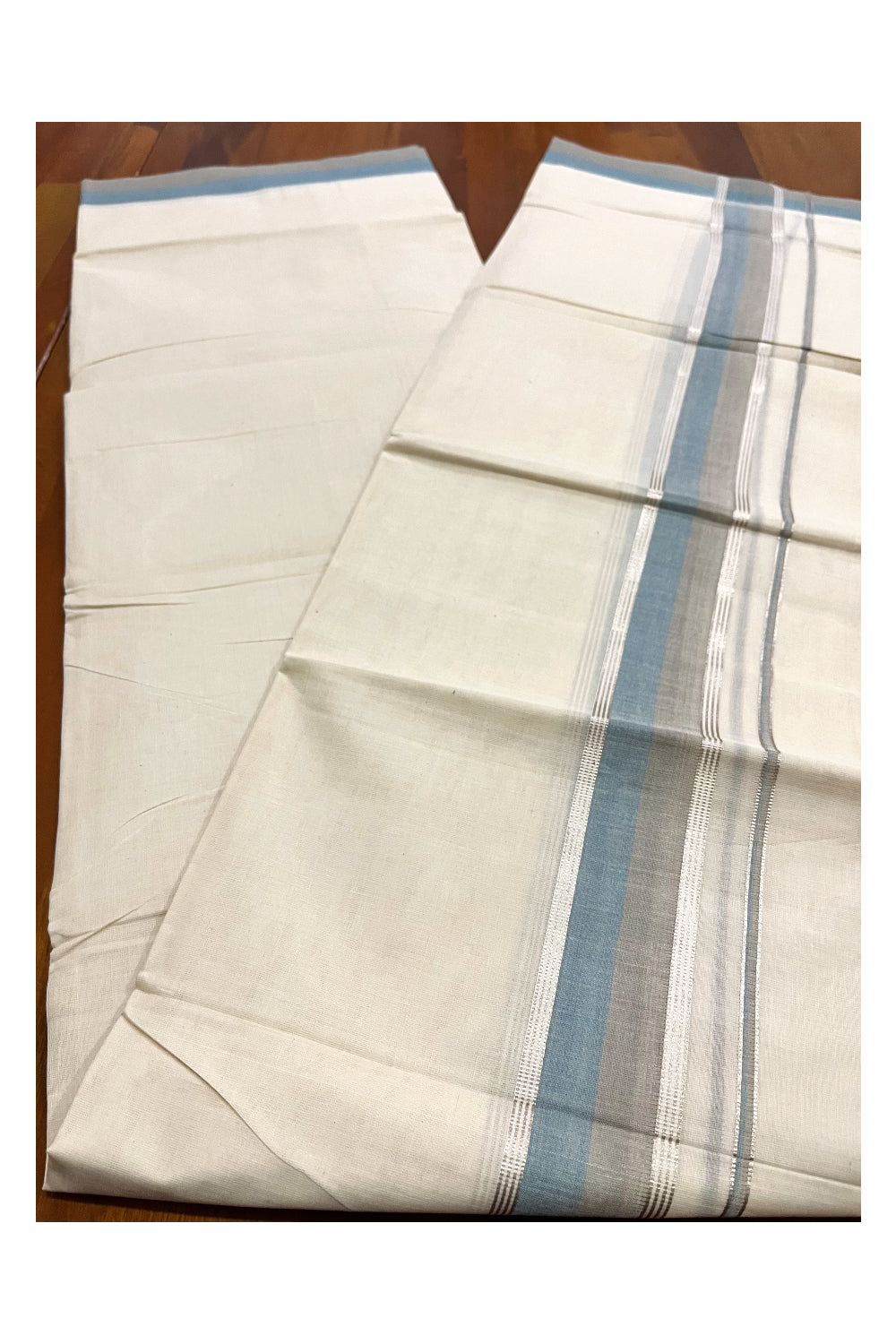 Kerala Pure Cotton Double Mundu with Blue Grey and Silver Kasavu Border (South Indian Kerala Dhoti)