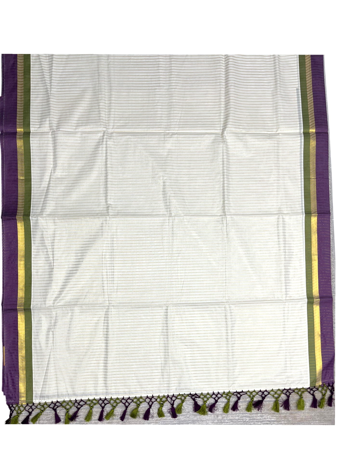 Southloom Cotton Kerala Kasavu Saree with Stripes on Body and Purple &Olive Green Border with Tussels