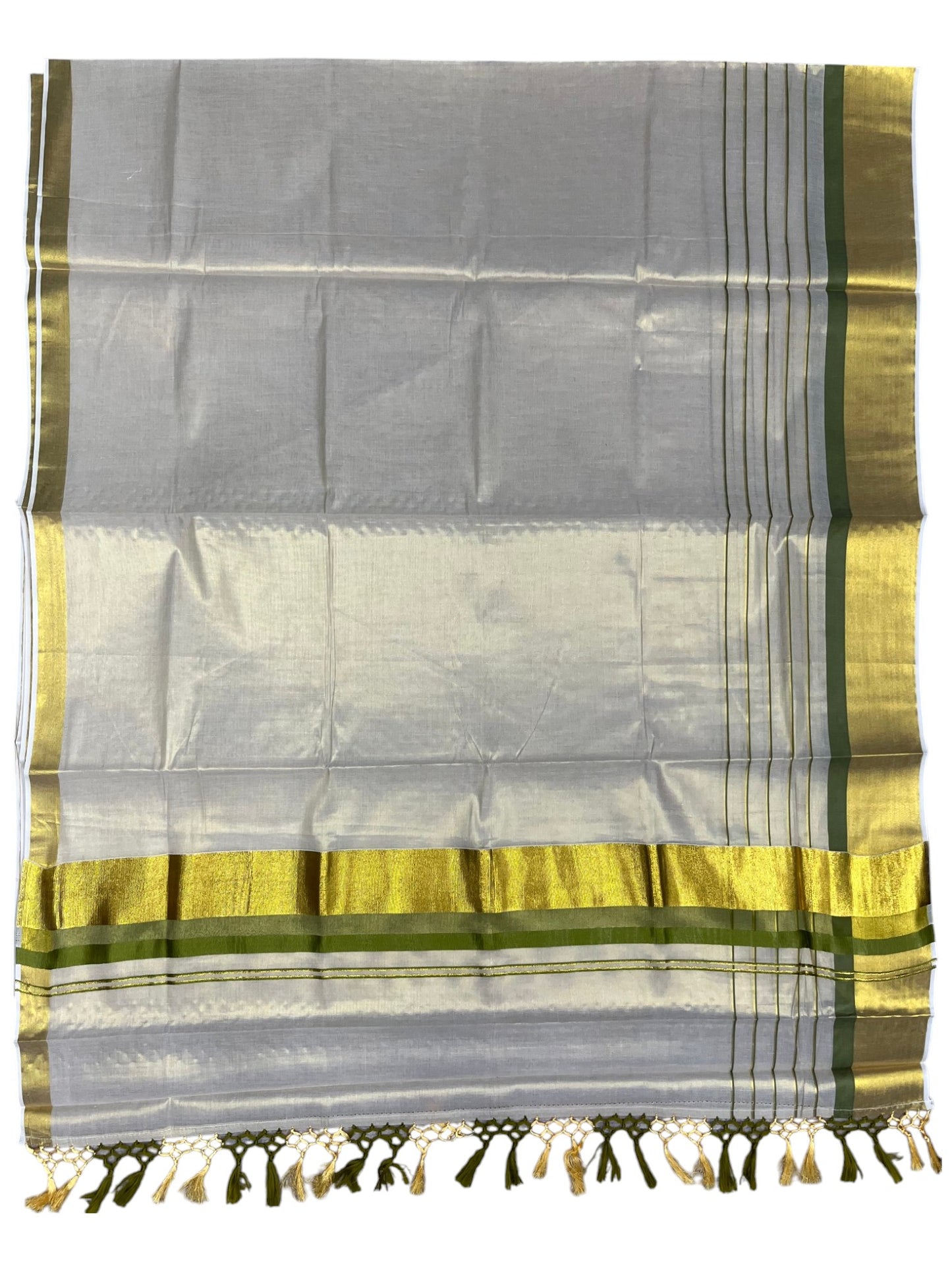 Southloom Kerala Tissue  Kasavu Saree with Stripes on Body with Olive Green Borders