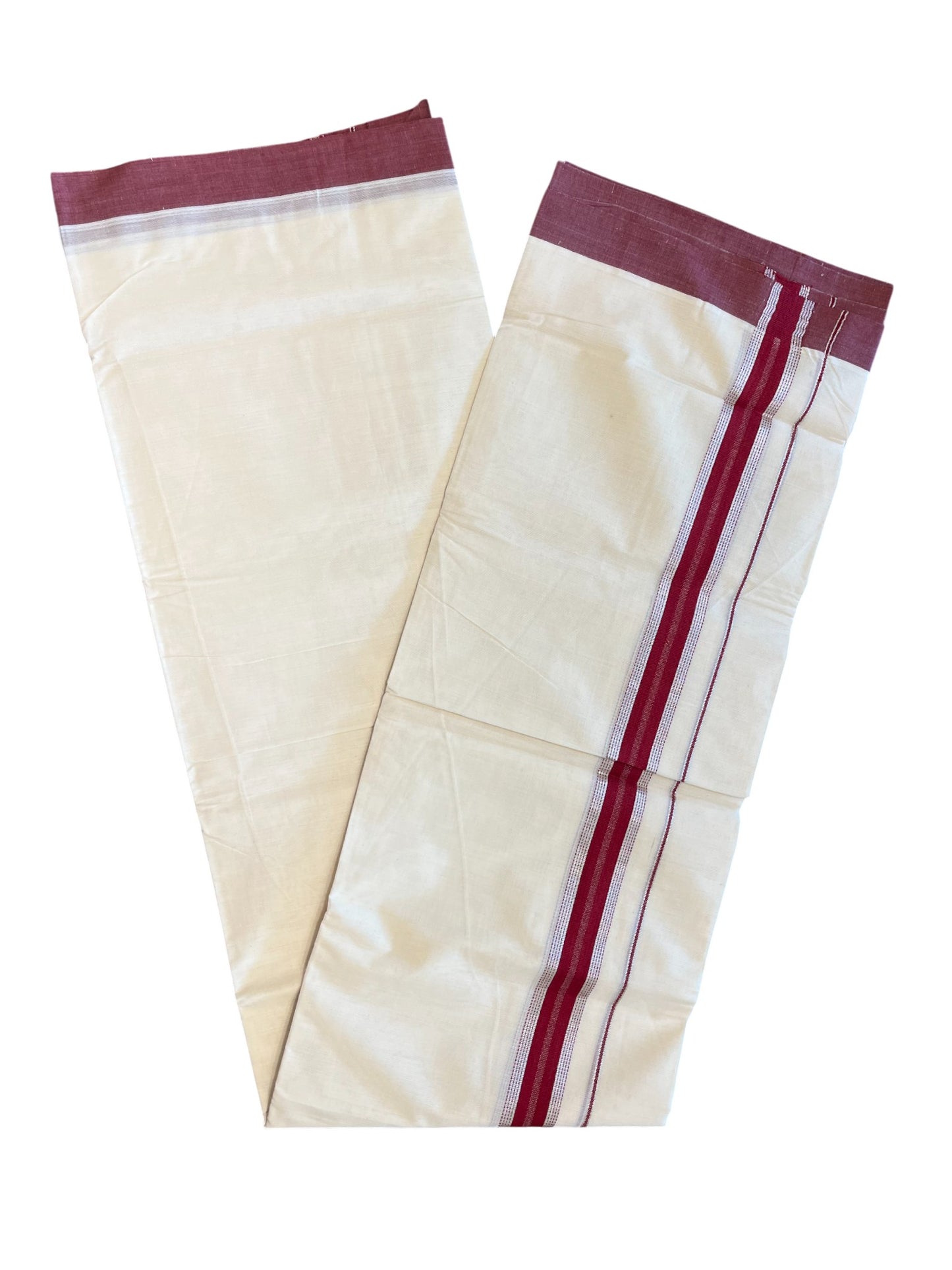 Southloom Kerala Pure Cotton Double Mundu with Silver Lines & Maroon Border (South Indian Dhoti)