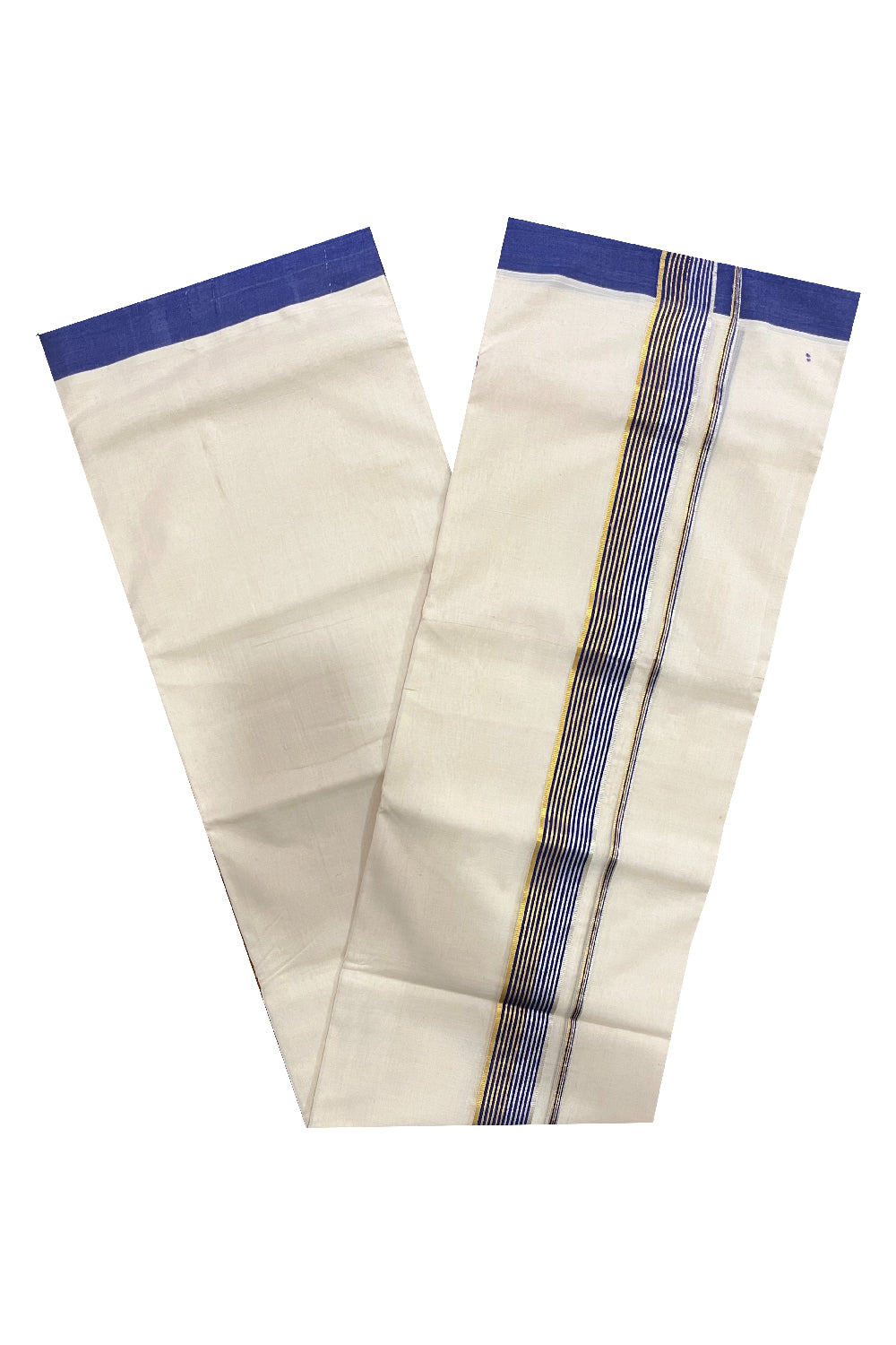 Southloom Premium Balaramapuram Unakkupaavu Handloom Mundu with Blue Silver and Golden Kasavu Border (South Indian Kerala Dhoti)