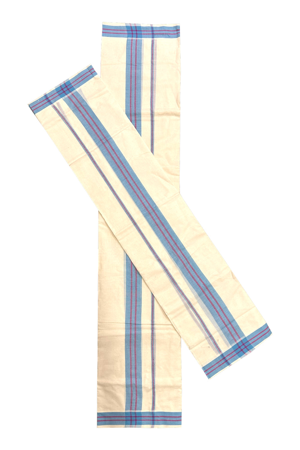 Kerala Mulloth Soft Cotton Mundum Neriyathum Single with Blue and Red Border (Onam Set Mundu 2023)