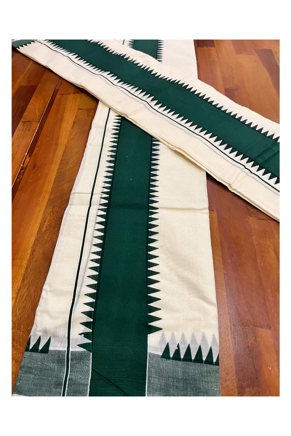 Kerala Pure Cotton Set Mundu Single (Mundum Neriyathum) with Dark Green Temple Border  2.80Mtr