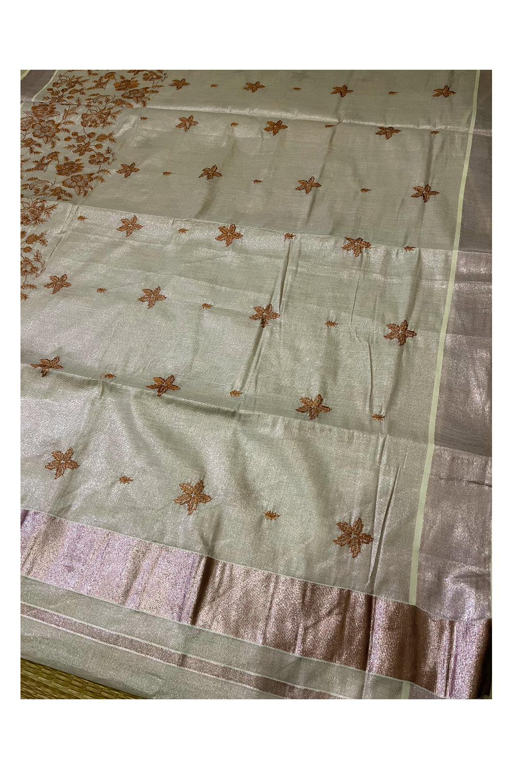 Kerala Rose Copper Tissue Kasavu Saree with Embroidery Works on Body