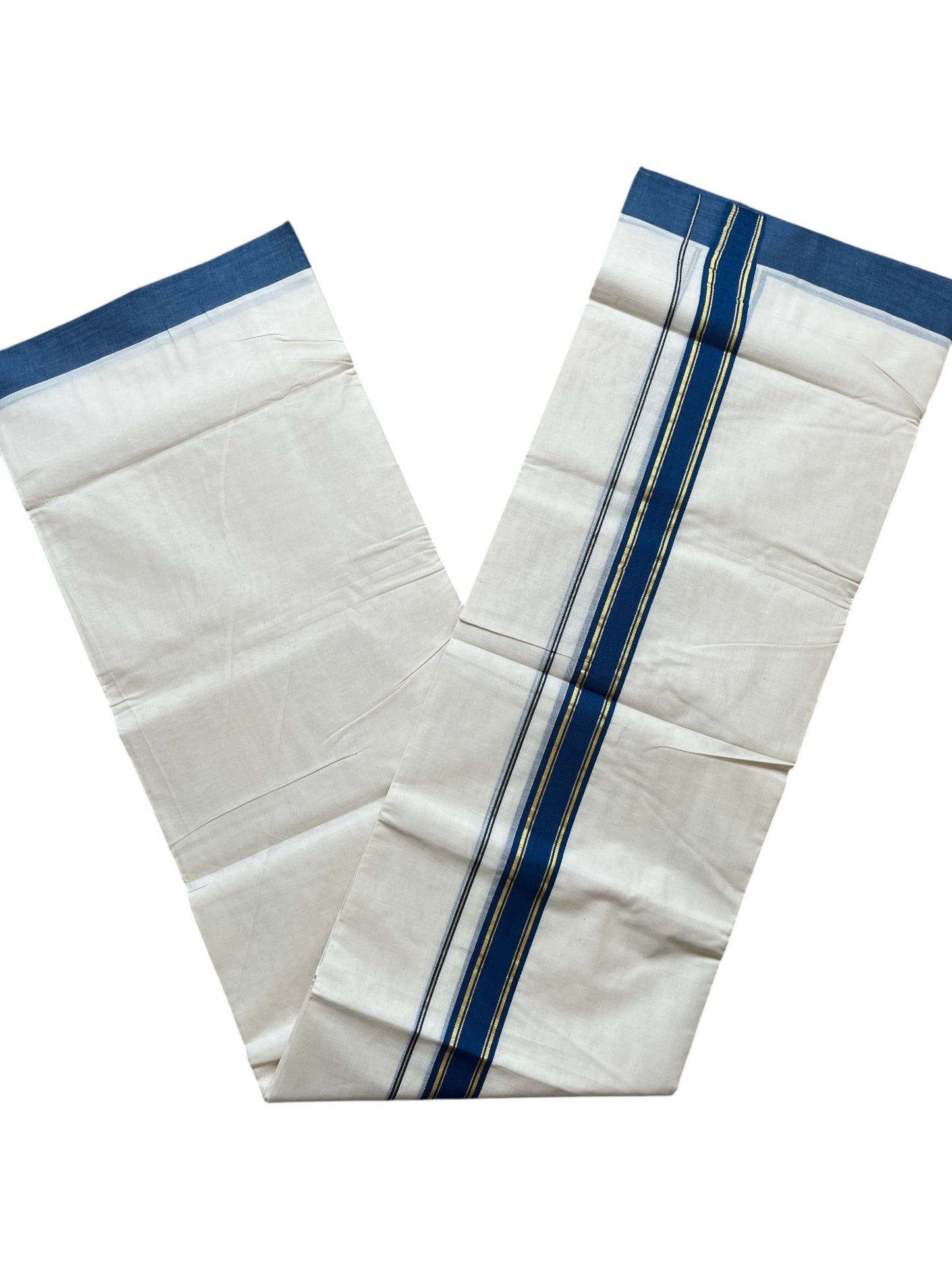 Southloom Pure Cotton Mundu with Golden Lines and Blue Border (South Indian Kerala Dhoti)