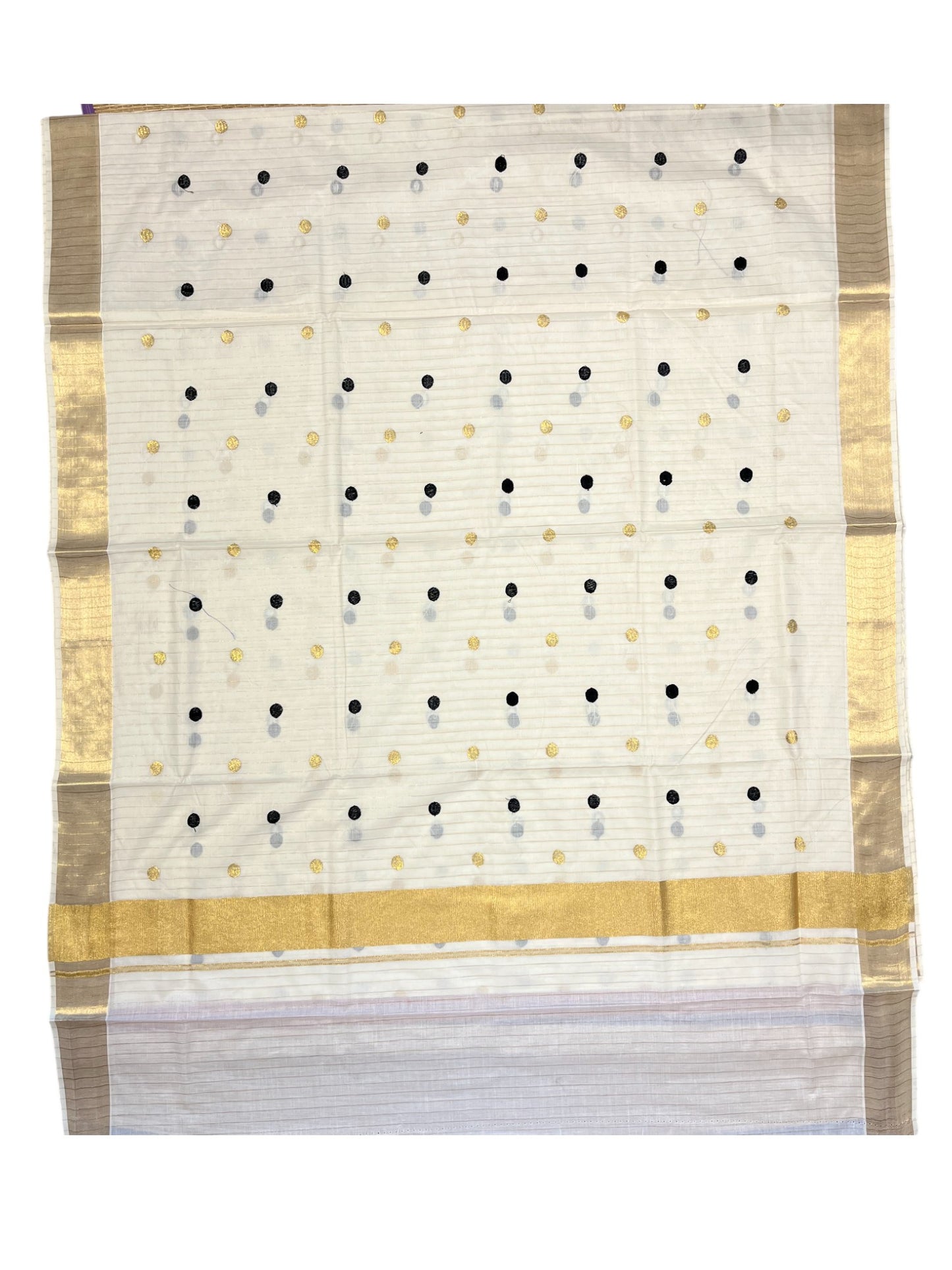 Southloom Kerala Pure Cotton Saree with Gold&Black Polka Embroidery Works on Body