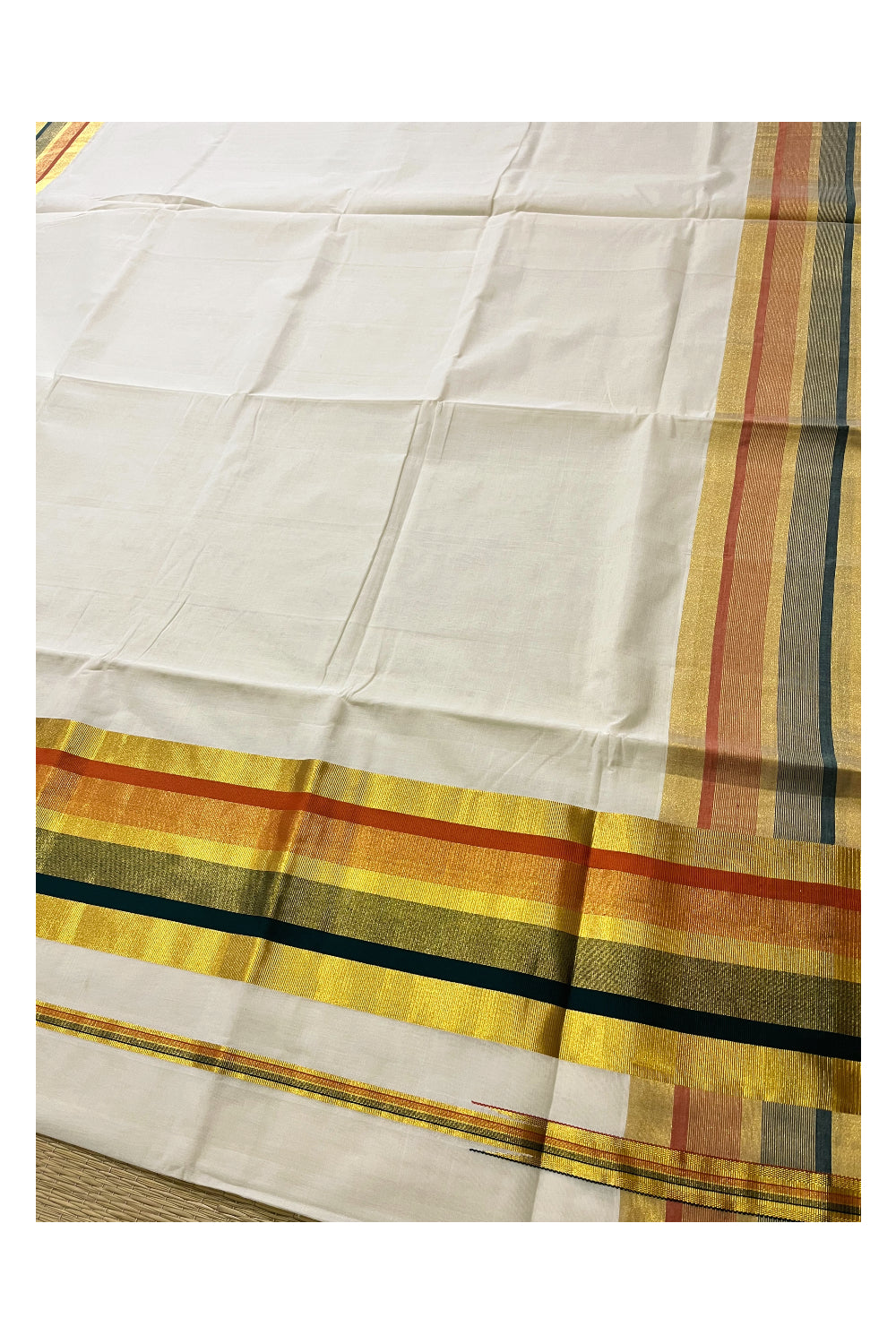 Southloom™ Premium Handloom Kerala Kasavu Saree with Dark Green and Orange Border