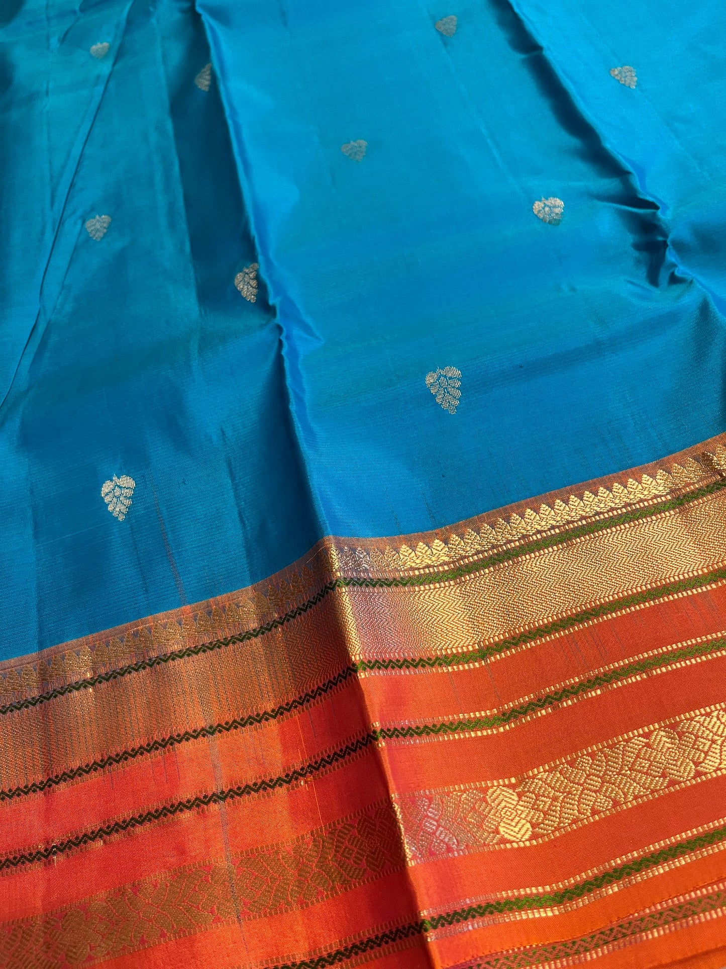 Southloom Pure Handloom Bridal Kanchipuram Silk Saree with Korvai Work (Blue & Orange)