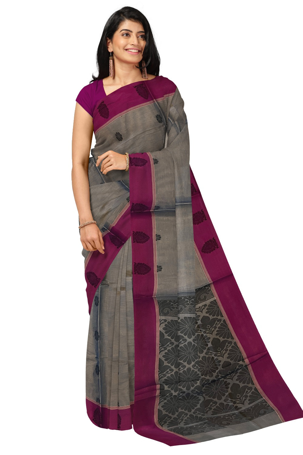 Southloom Cotton Dark Grey Saree with Magenta Floral Woven Border