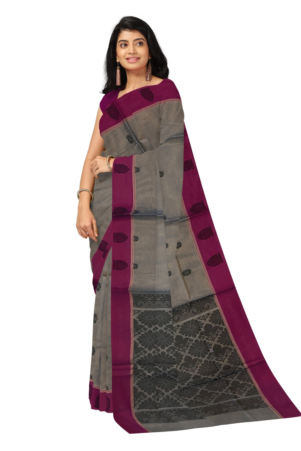 Southloom Cotton Dark Grey Saree with Magenta Floral Woven Border