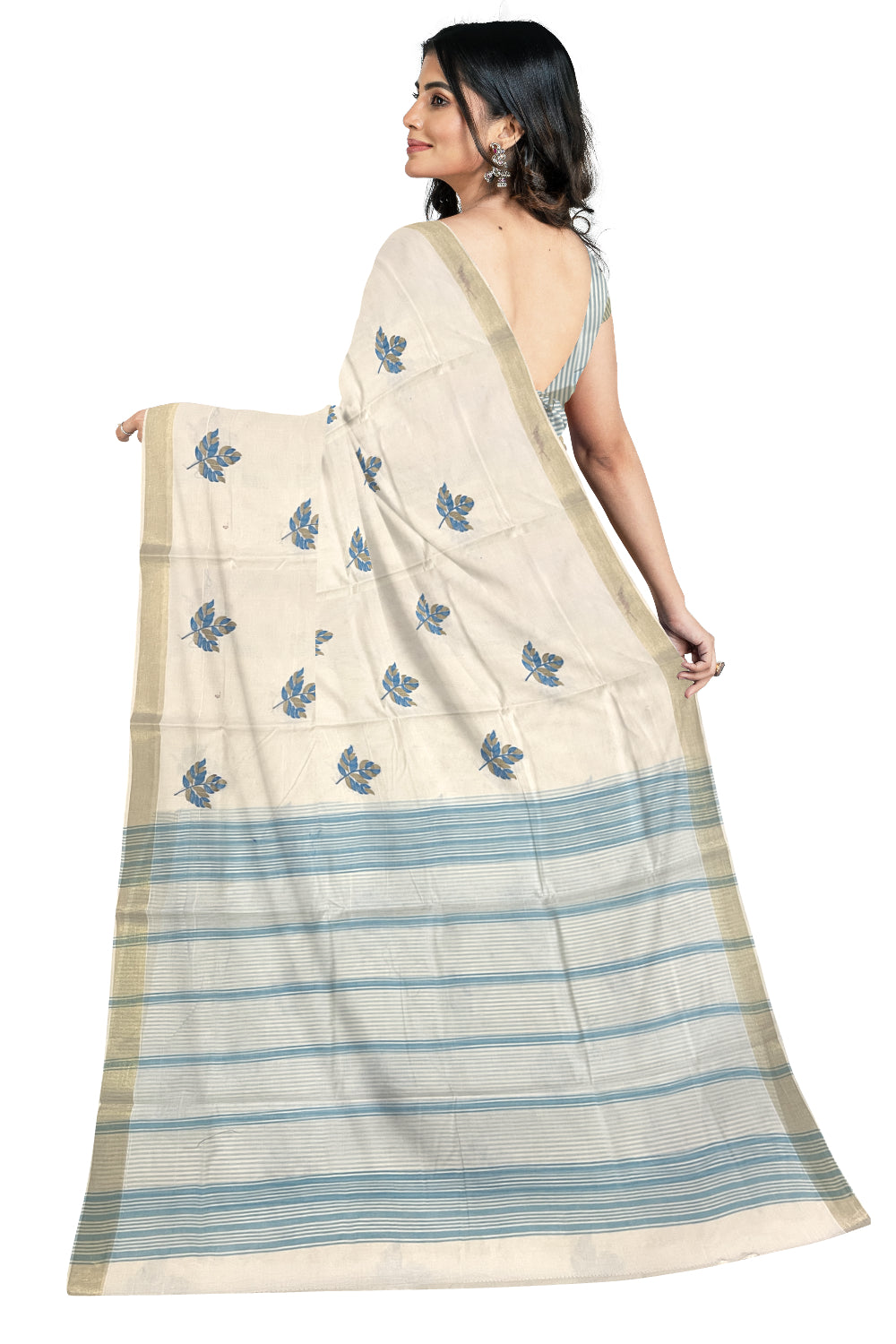 Pure Cotton Kerala Saree with Blue Leaf Embroidery Work and Kasavu Border