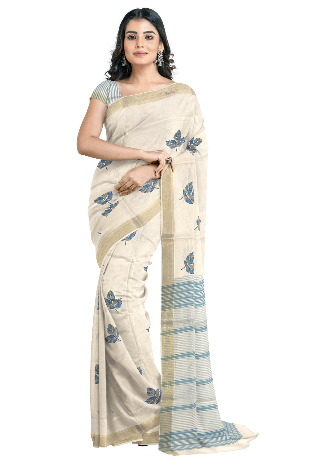 Pure Cotton Kerala Saree with Blue Leaf Embroidery Work and Kasavu Border