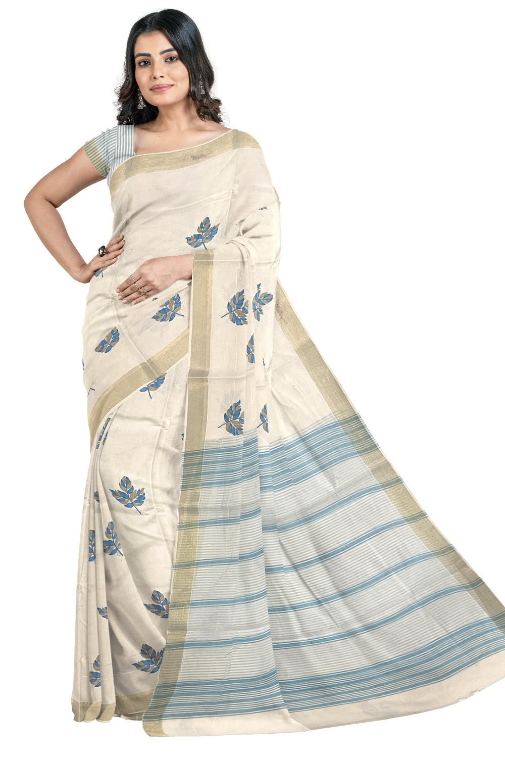 Pure Cotton Kerala Saree with Blue Leaf Embroidery Work and Kasavu Border