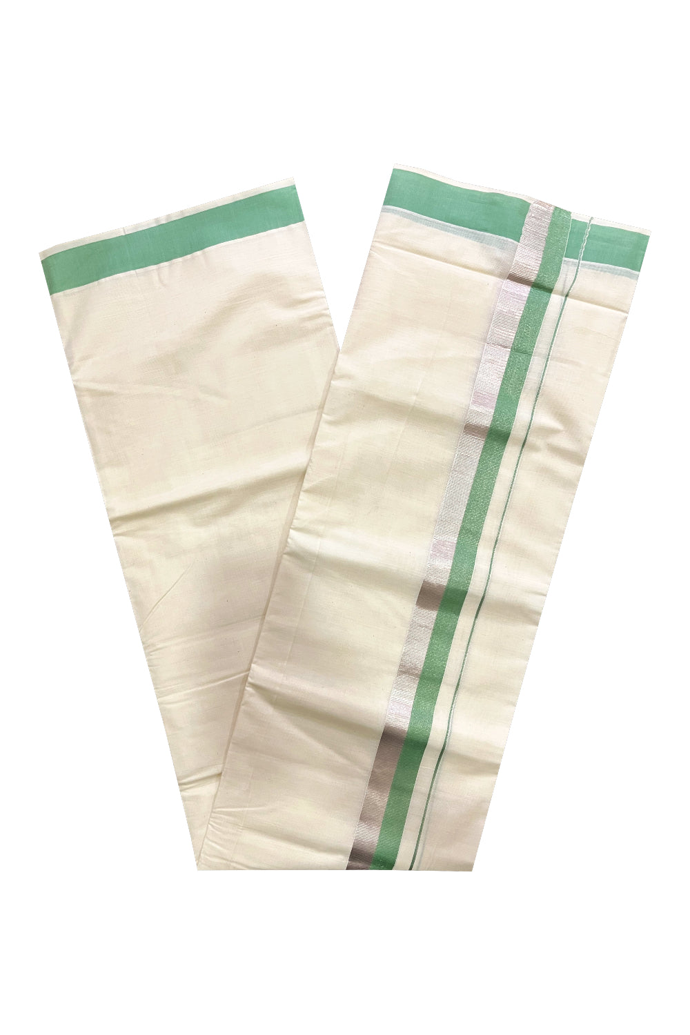 Off White Kerala Cotton Double Mundu with Silver Kasavu and Light Green Border (South Indian Kerala Dhoti)