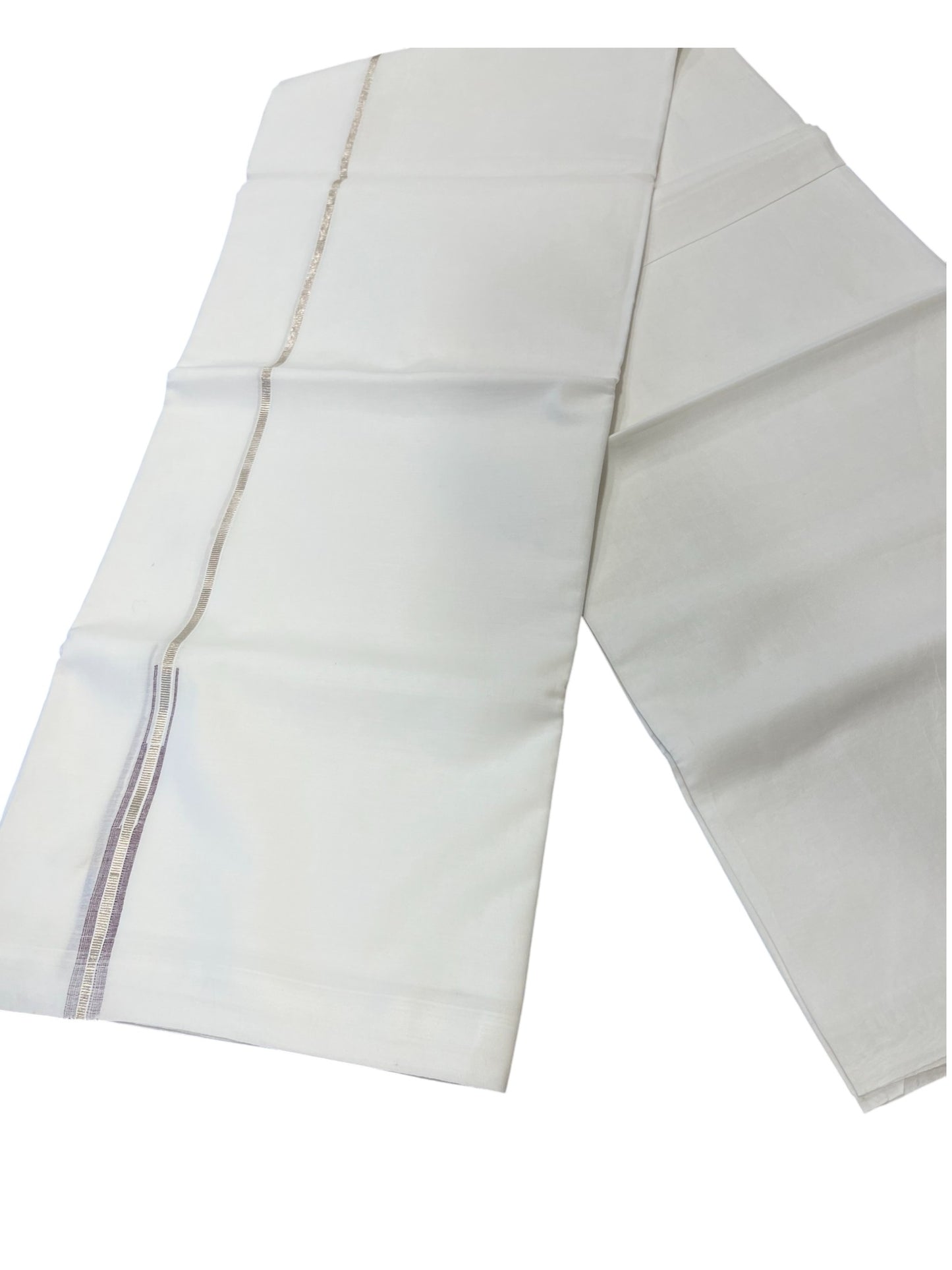 Pure White Cotton Double Mundu with Silver Chutti Kara (South Indian Dhoti)