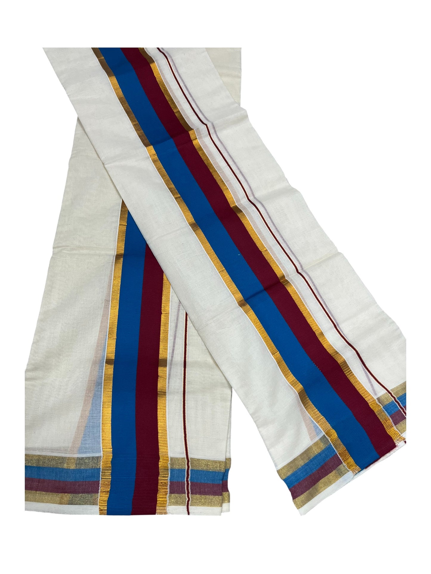 Kerala Cotton Kasavu Single Set Mundu (Mundum Neriyathum) with Maroon And Blue Kasavu Border