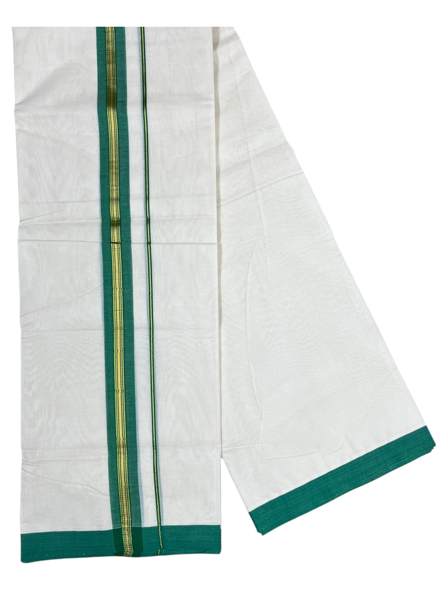 Southloom Pure Cotton Mundu with Gold Lines and Green Border (South Indian Kerala Dhoti)