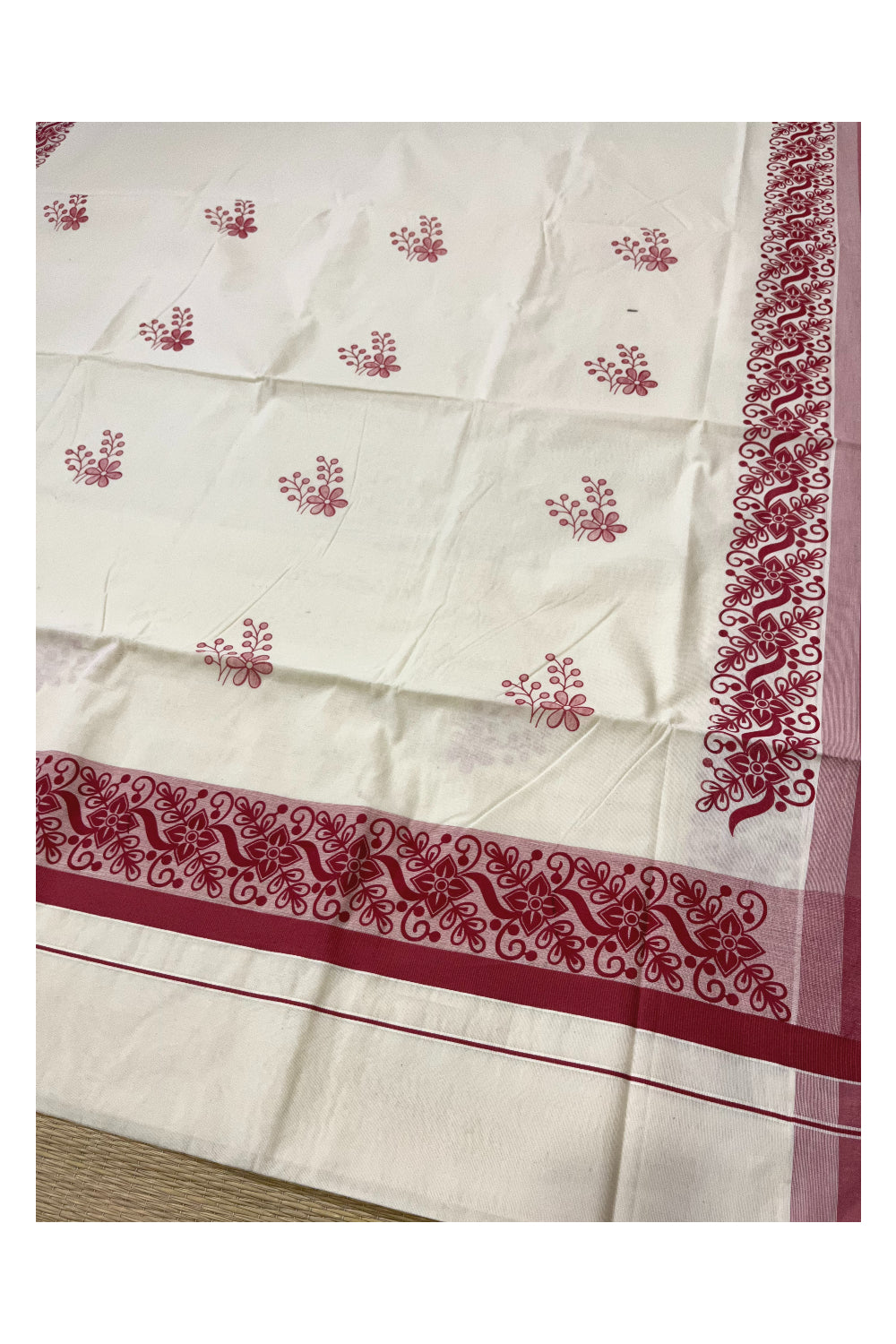 Pure Cotton Off White Kerala Saree with Brick Red Floral Block Printed Border (Onam Saree 2023)