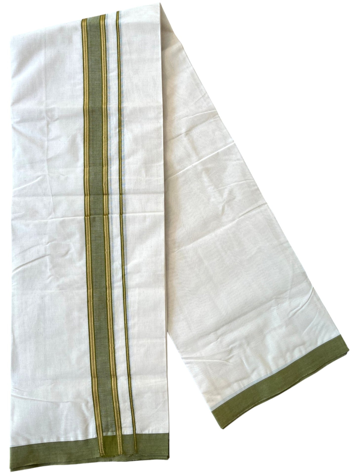 Southloom Pure Cotton Mundu with Golden Lines and Olive Green Border (South Indian Kerala Dhoti)