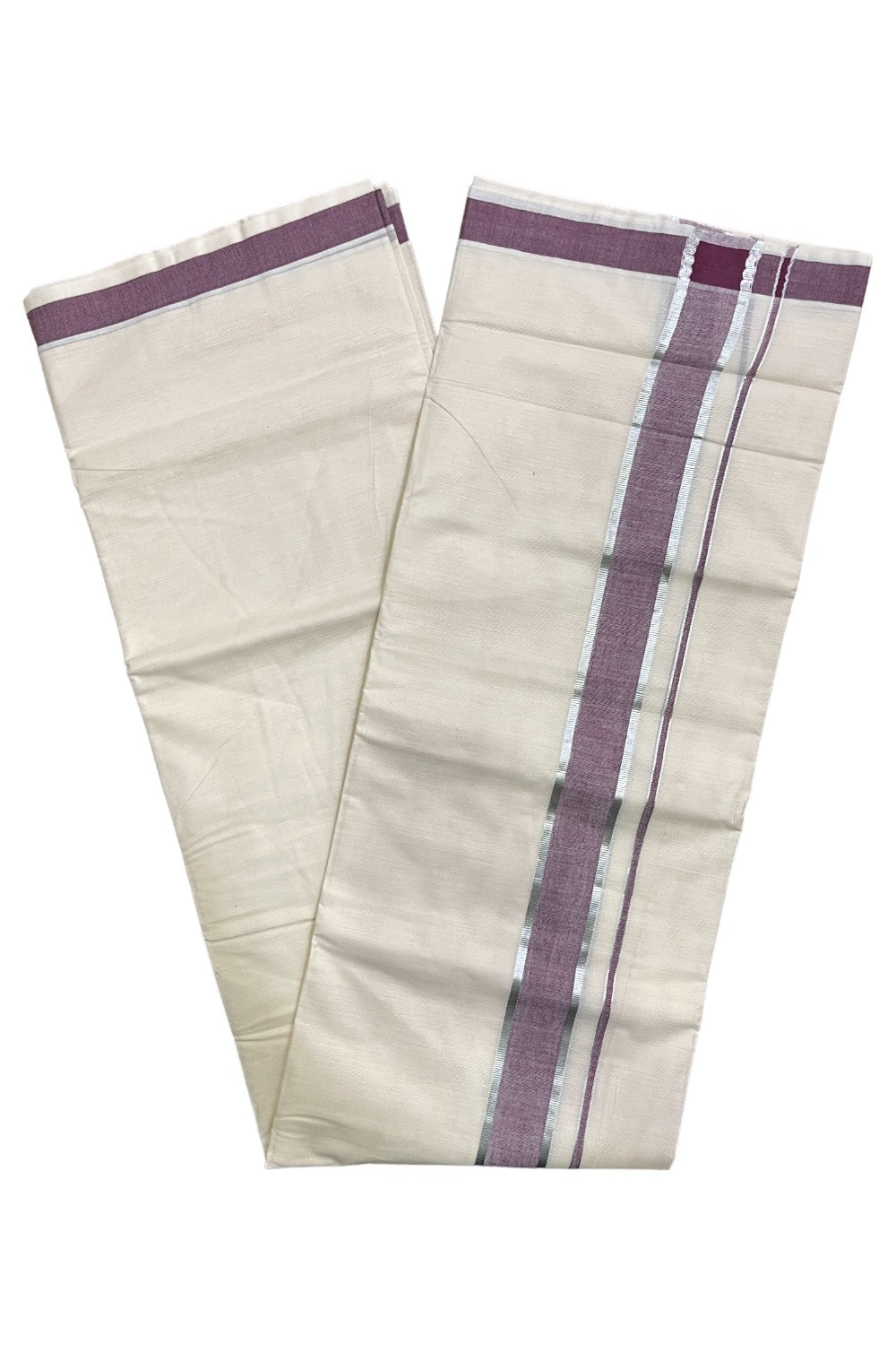 Kerala Pure Cotton Double Mundu with Purple and Silver Kasavu Border (South Indian Kerala Dhoti)