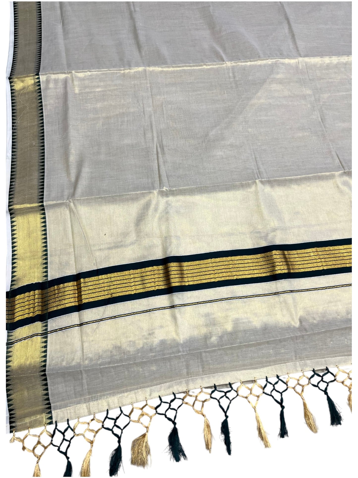 Southloom Kerala Tissue Kasavu Saree With Green Temple Woven Works on Border SL365