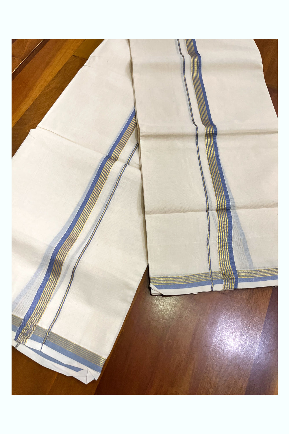 Kerala Pure Cotton Single Set Mundu (Mundum Neriyathum) with Pastel Blue and Kasavu Border - 2.80Mtrs