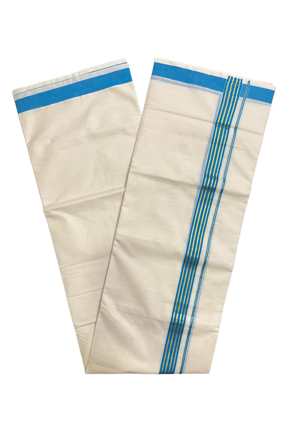 Pure Cotton Kerala Double Mundu with Light Blue and Kasavu Lines Kara (South Indian Kerala Dhoti)