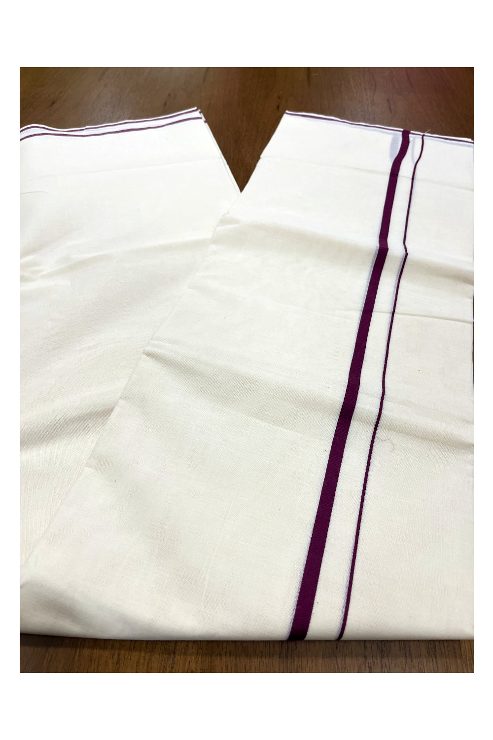 Pure Cotton Double Mundu with 0.5 inch Purple Border (South Indian Kerala Dhoti)